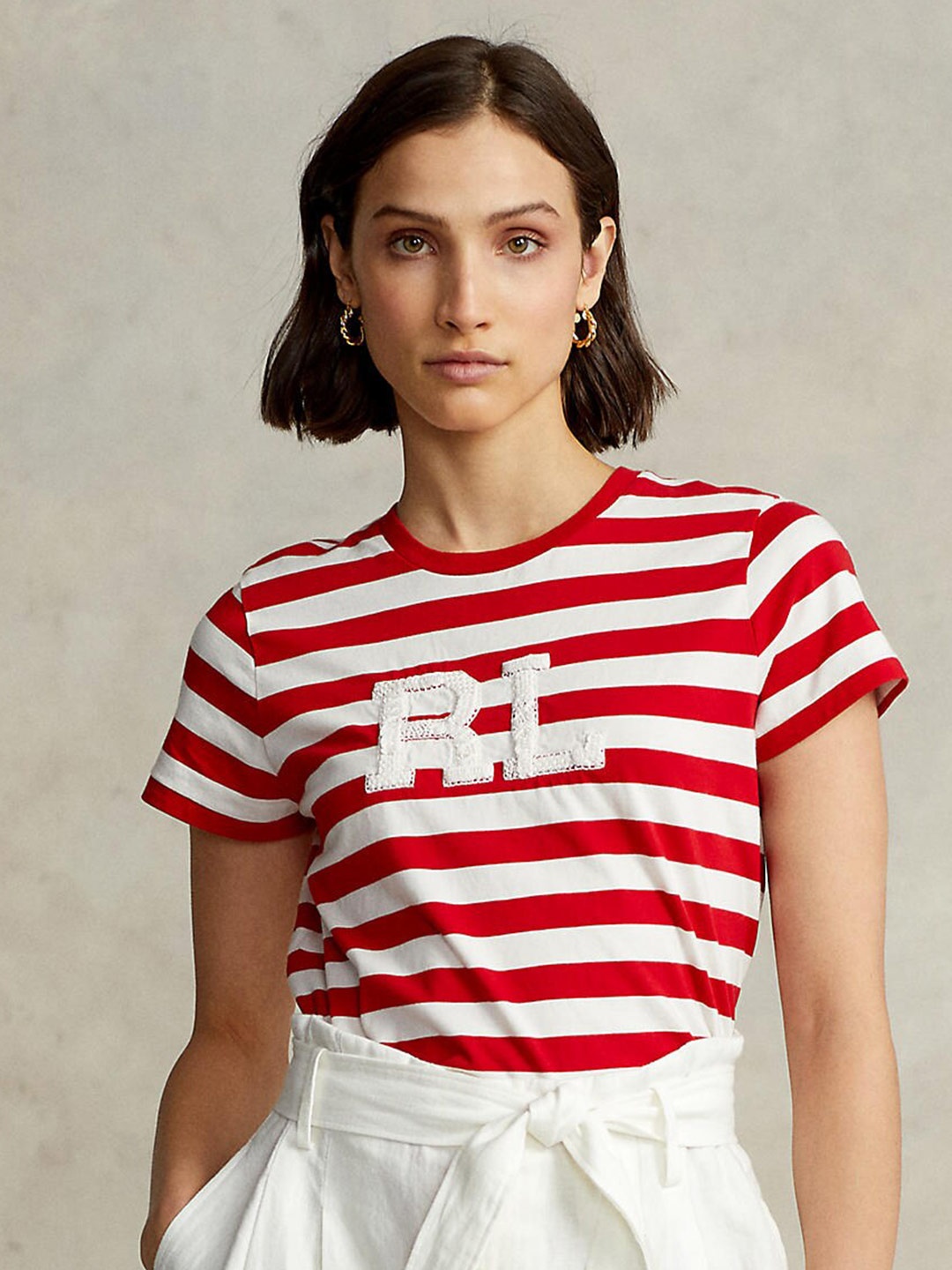 

Polo Ralph Lauren Women Red & White RL Logo Striped Cotton T-shirt
