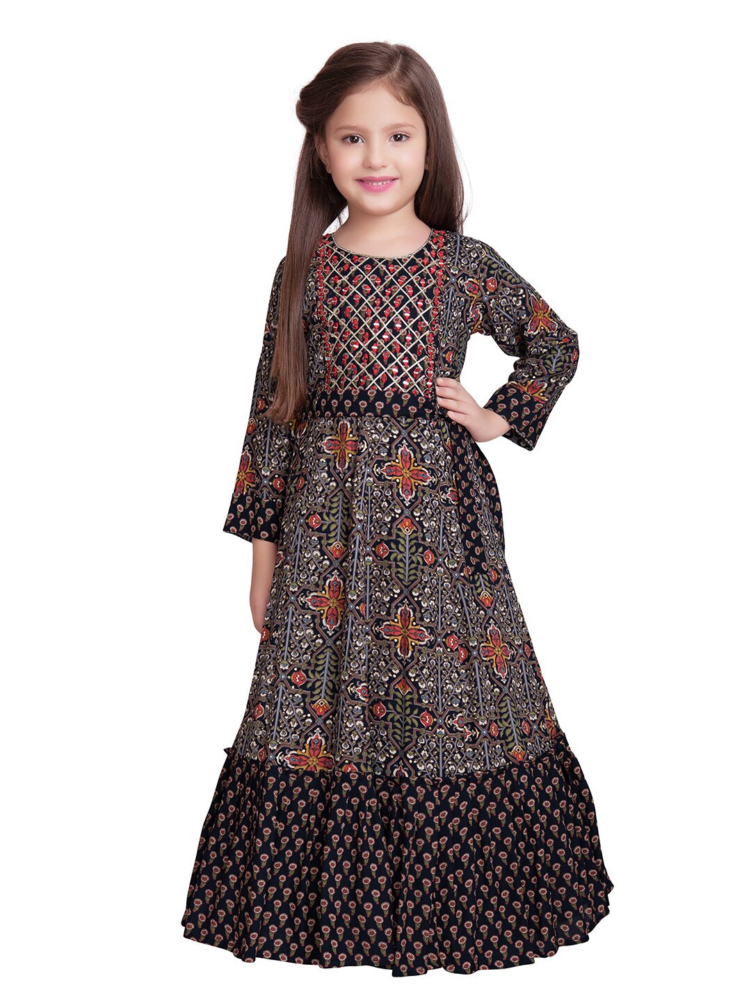 

Tiny Kingdom Girls Navy Blue Floral Print Georgette Fit & Flare Dress