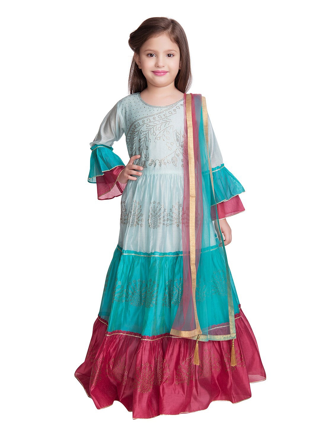 

Tiny Kingdom Girls Blue & Maroon Colourblocked Georgette Ethnic Dress