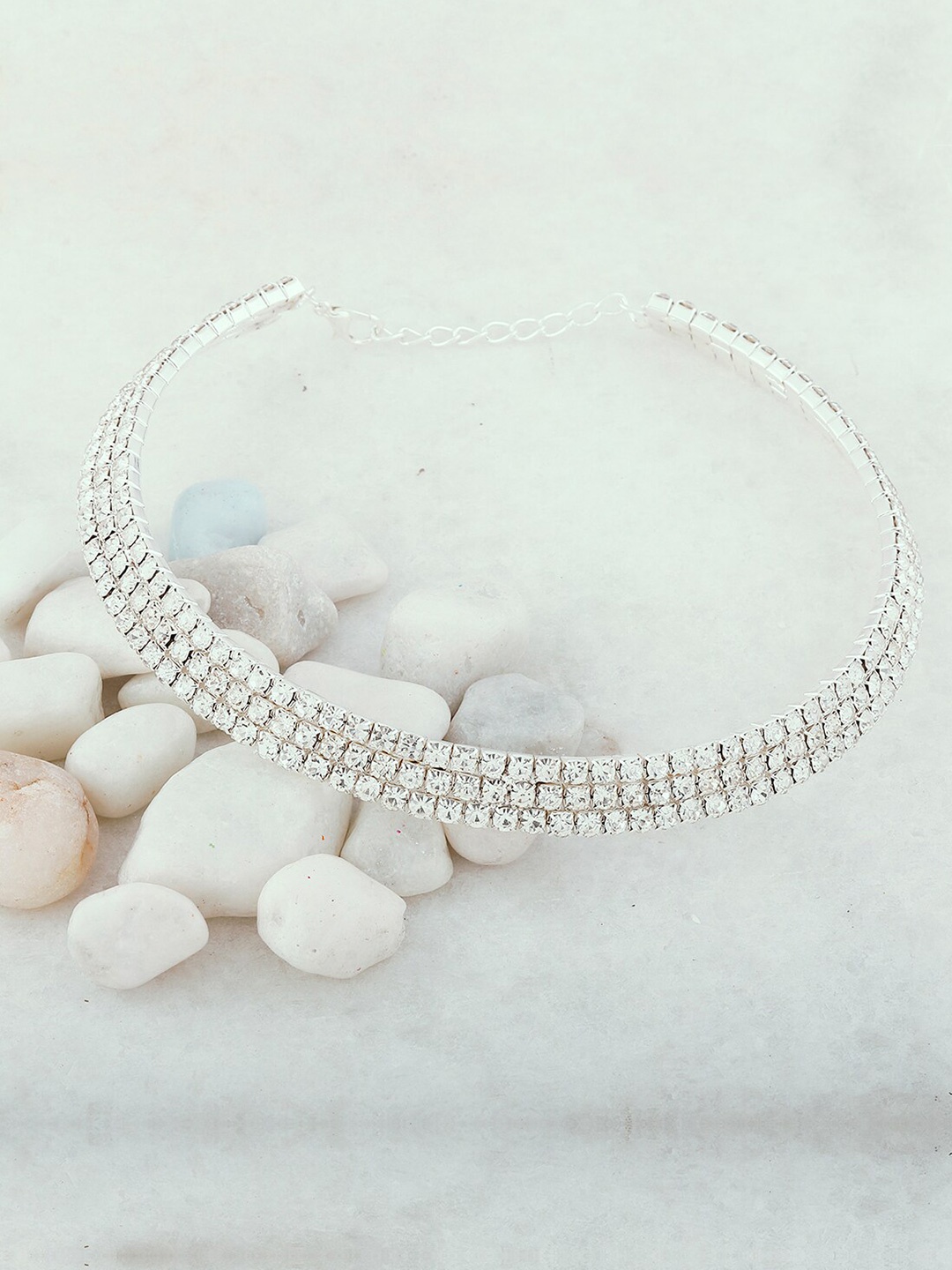 

Silver Shine Set of 3 White Silver-Plated AD Choker Necklaces