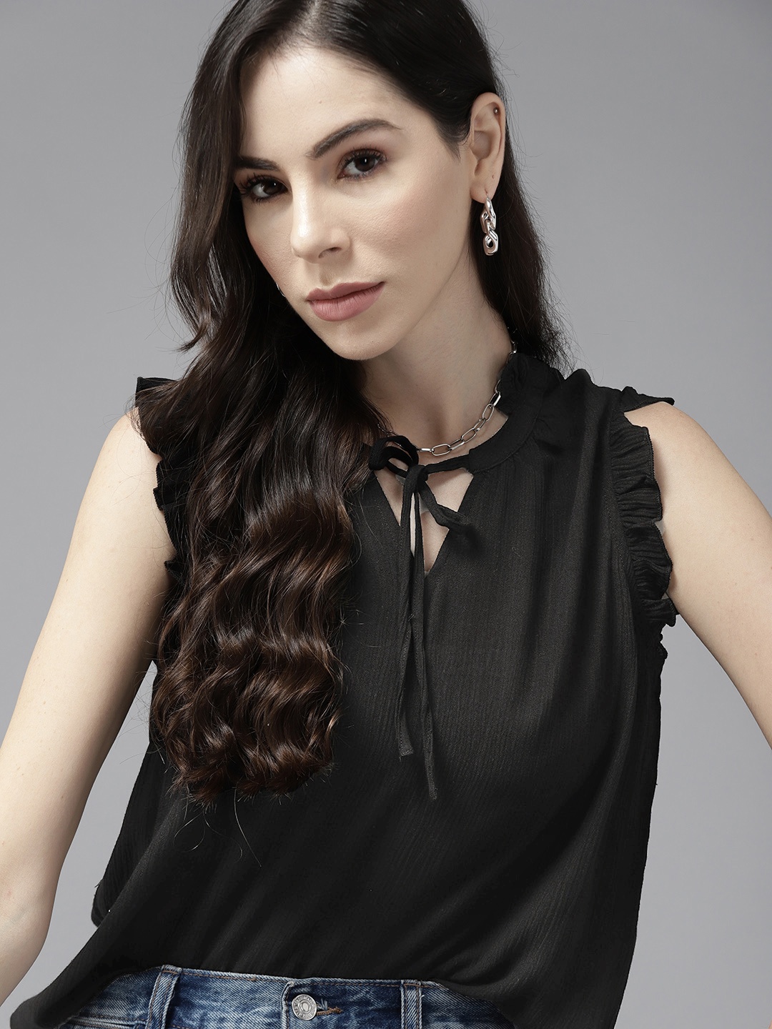 

Roadster Black Tie-Up Neck Ruffles Top