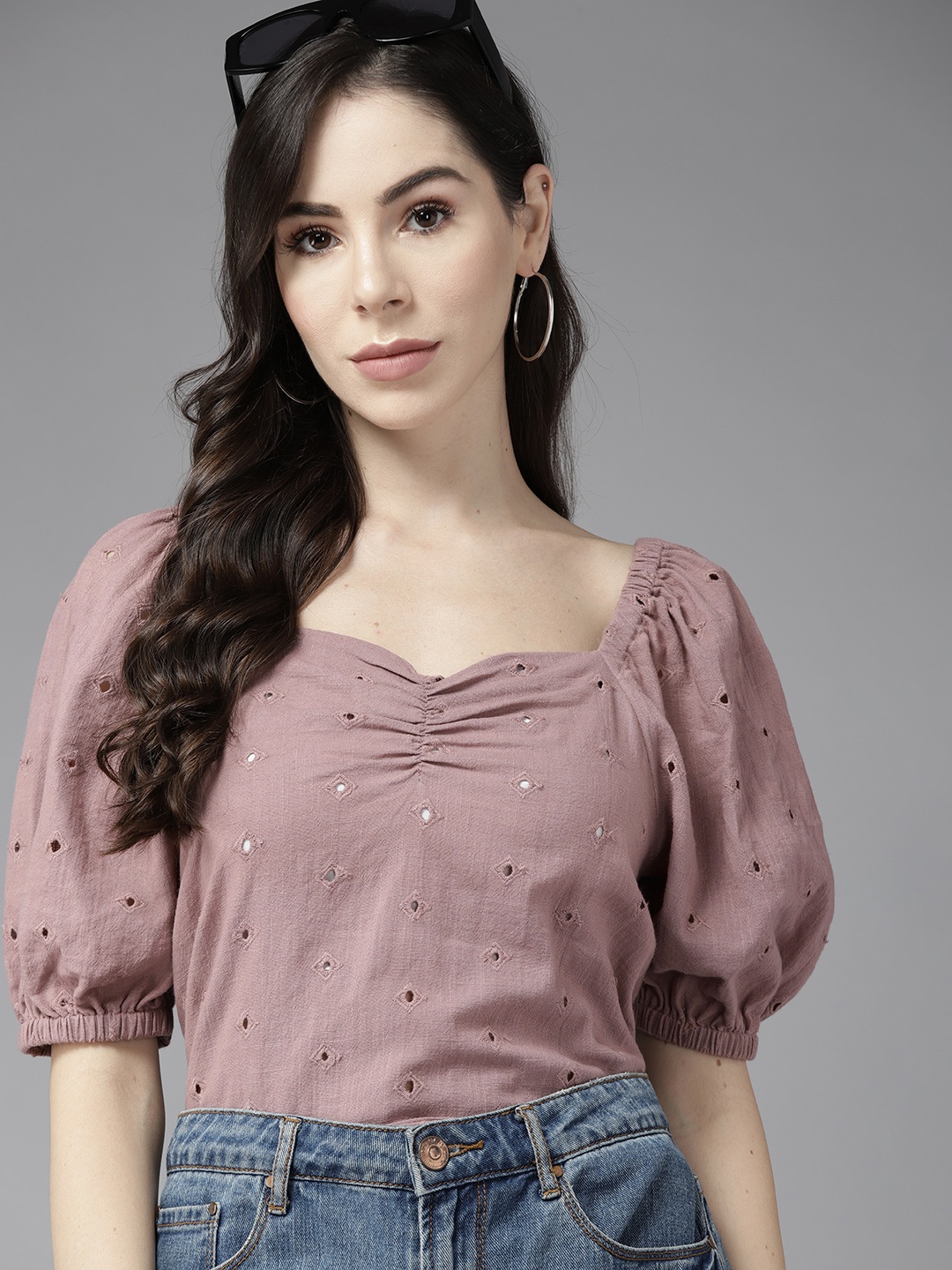 

Roadster Mauve Geometric Embroidered Sweetheart Neck Top
