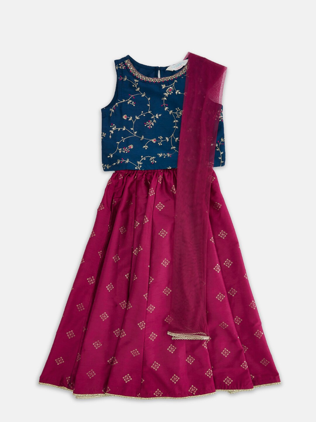 

AKKRITI BY PANTALOONS Girls Blue & Maroon Embellished Ready to Wear Lehenga & Blouse With Dupatta