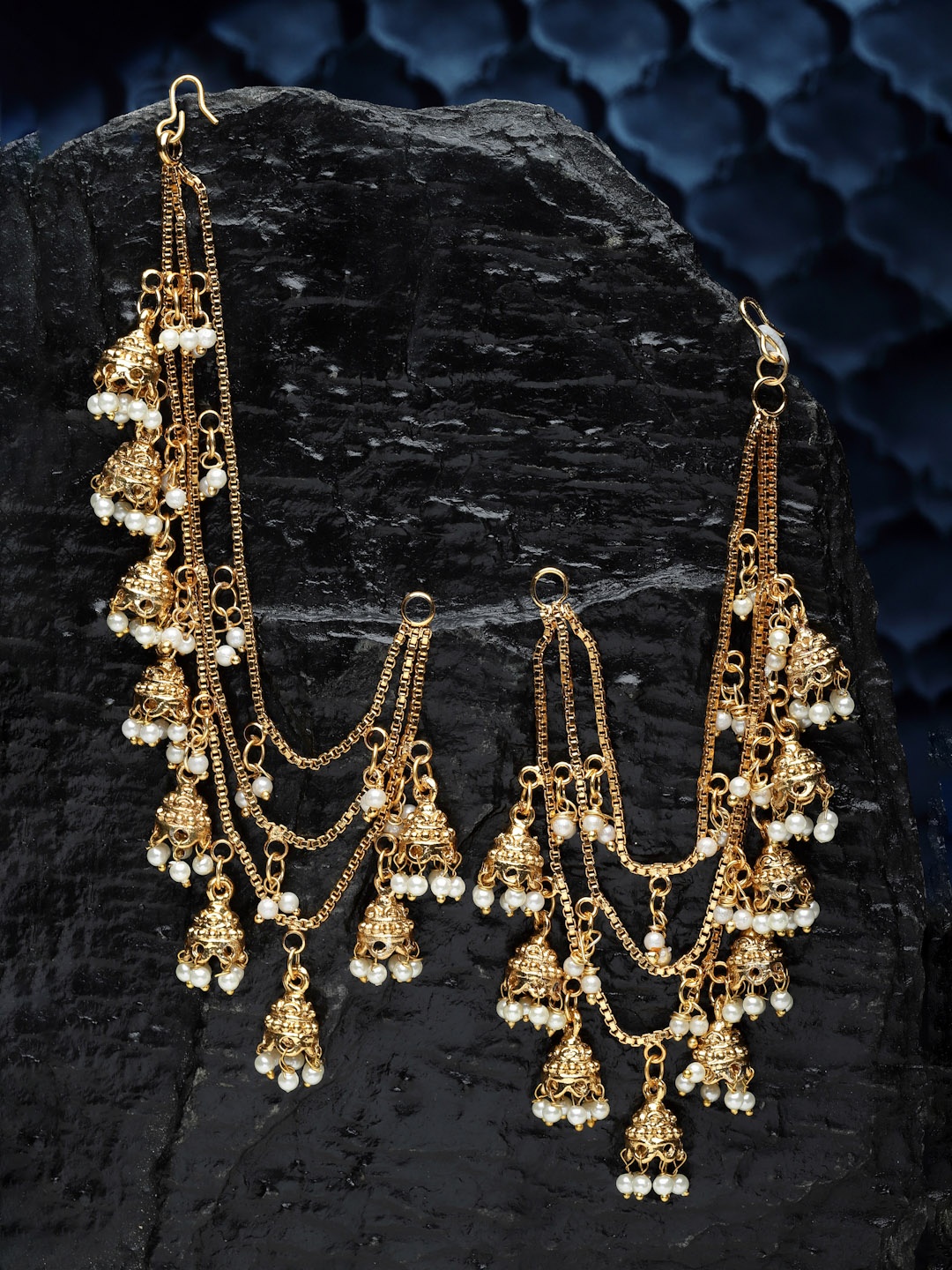 

Sanjog Gold-Plated Pearls Studded Classic Jhumki Layered Ear Chain Earrings