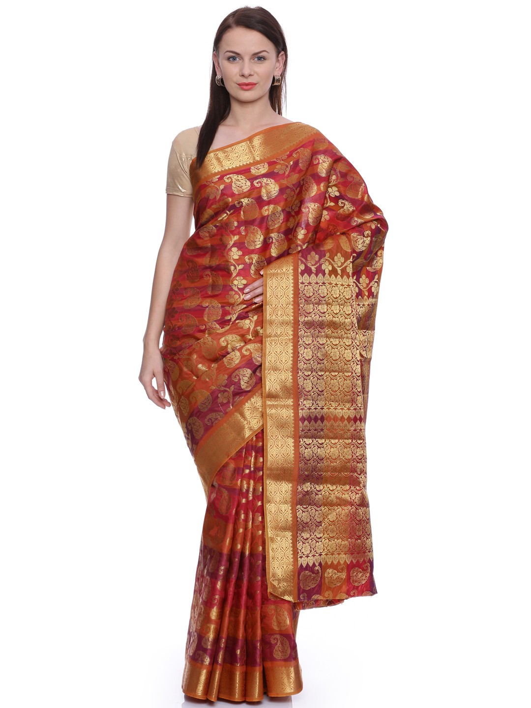 

MIMOSA Maroon & Golden Art Silk Patterned Kanjeevaram Saree