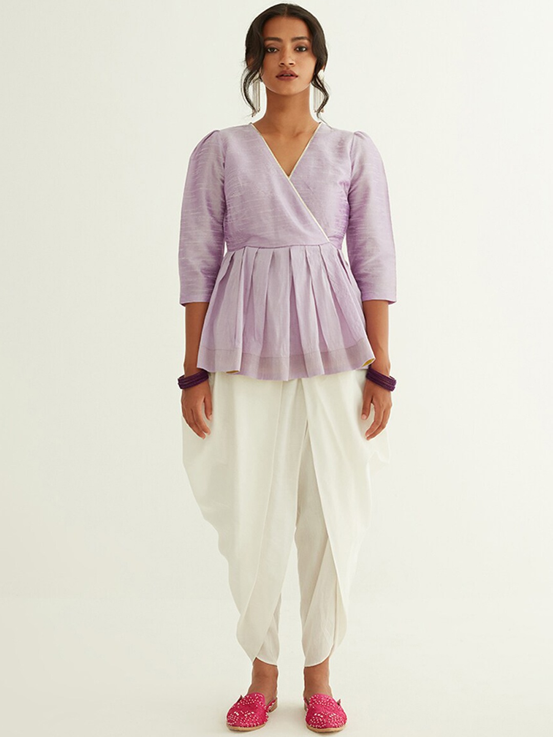 

Abhishti Lavender V-Neck Raw Silk Pleated Kurti