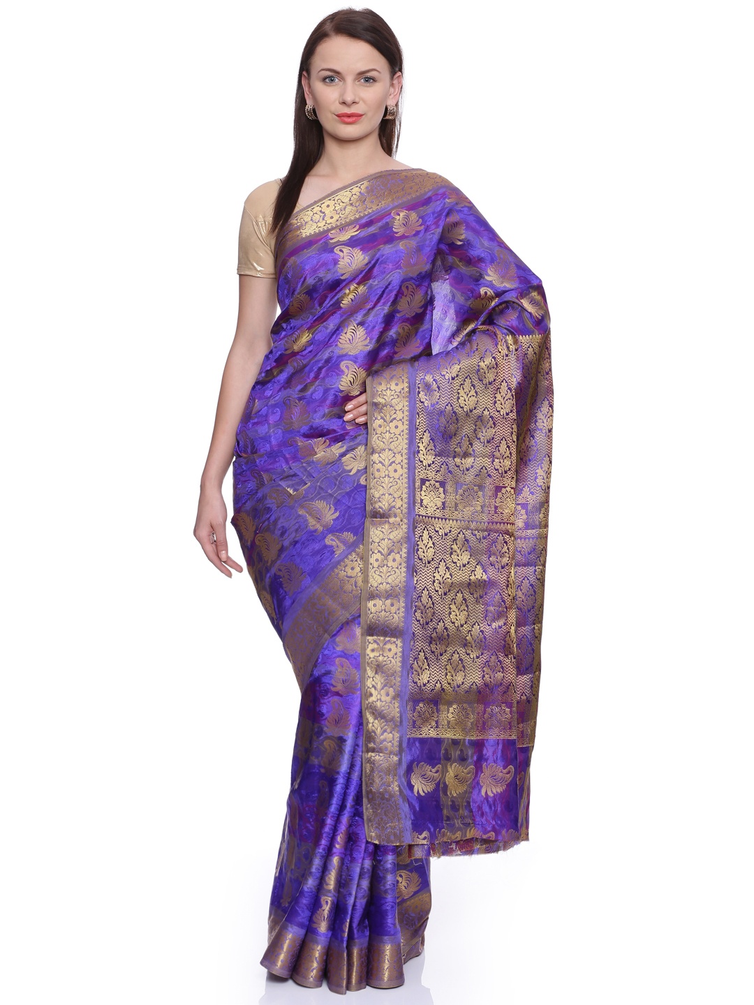 

MIMOSA Purple & Golden Art Silk Patterned Kanjeevaram Saree