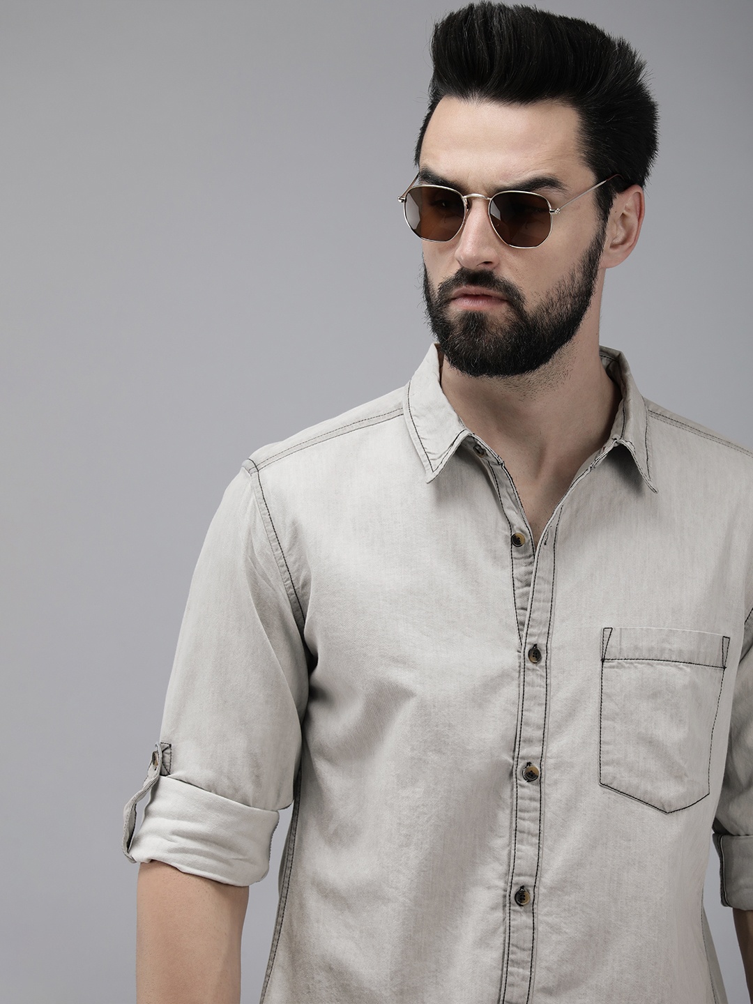 

Roadster Men Grey Pure Cotton Standard Casual Shirt