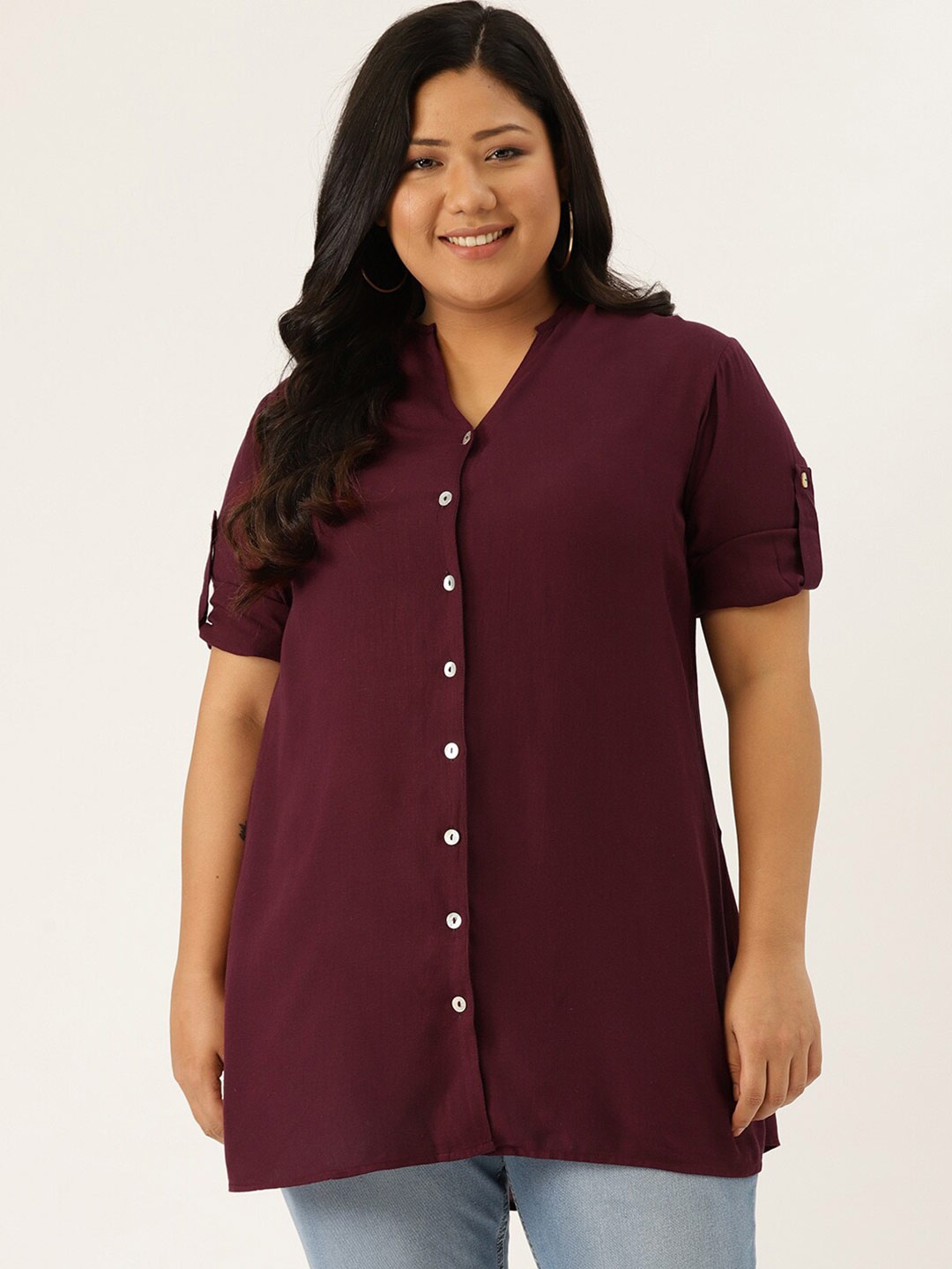 

theRebelinme Women Burgundy Roll-Up Sleeves Top