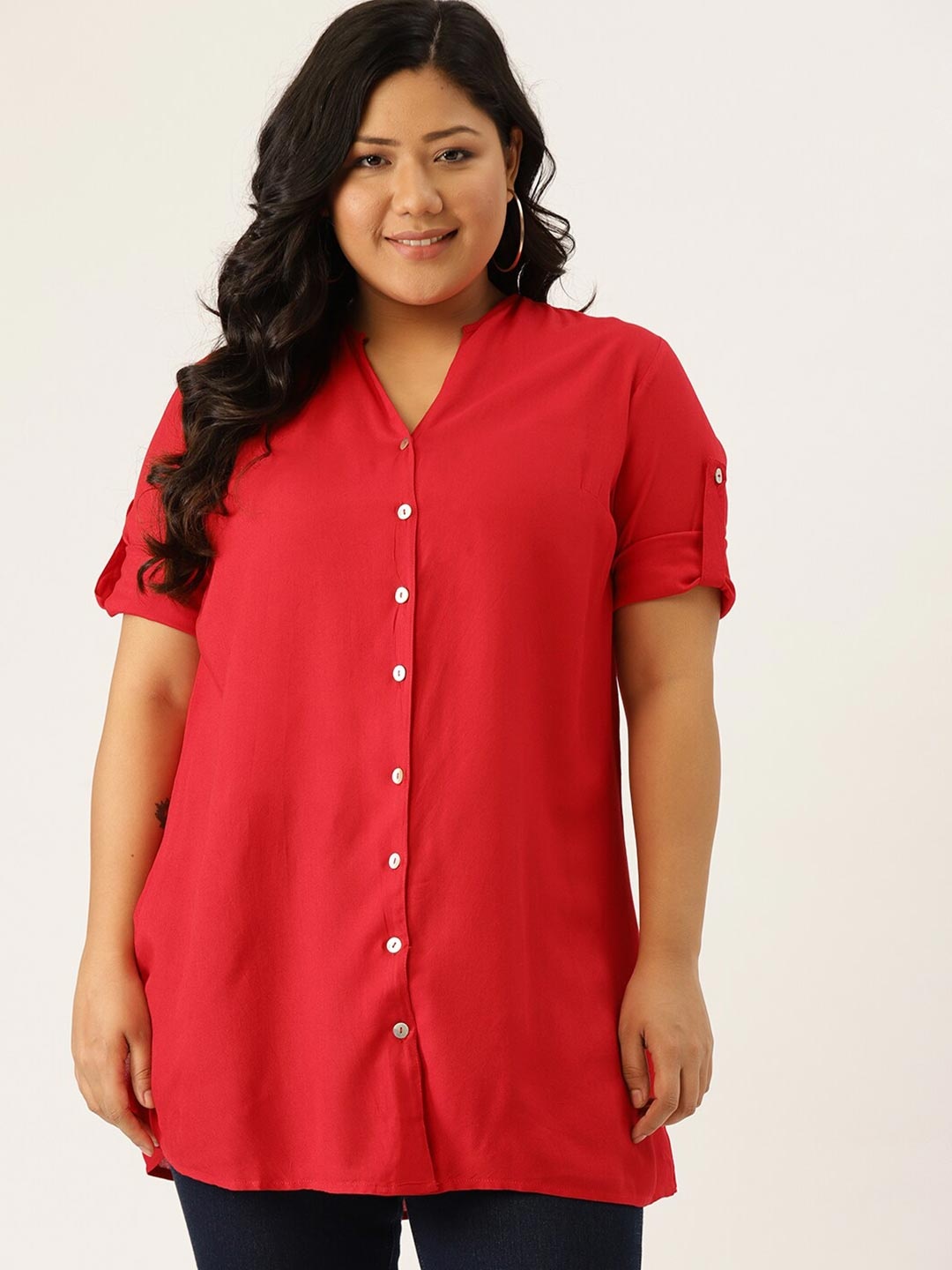 

theRebelinme Red Solid V-Neck Roll-Up Sleeves Plus Size Shirt Style Longline Top