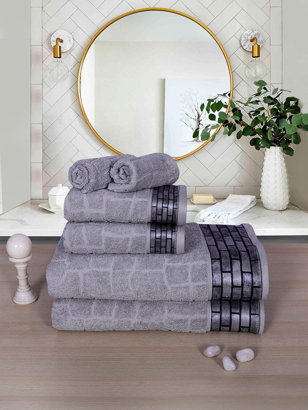 

RANGOLI Adults Set Of 6 Grey Stonewall Pattern 600 GSM Cotton Bath Towel