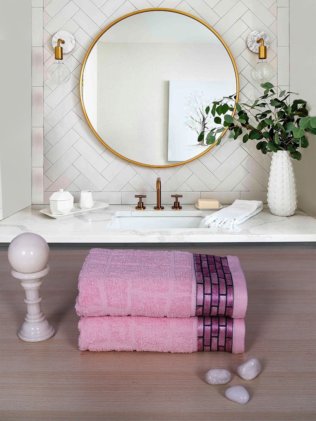 

RANGOLI Pack Of 2 Self Design 600 GSM Cotton Towel Set, Pink