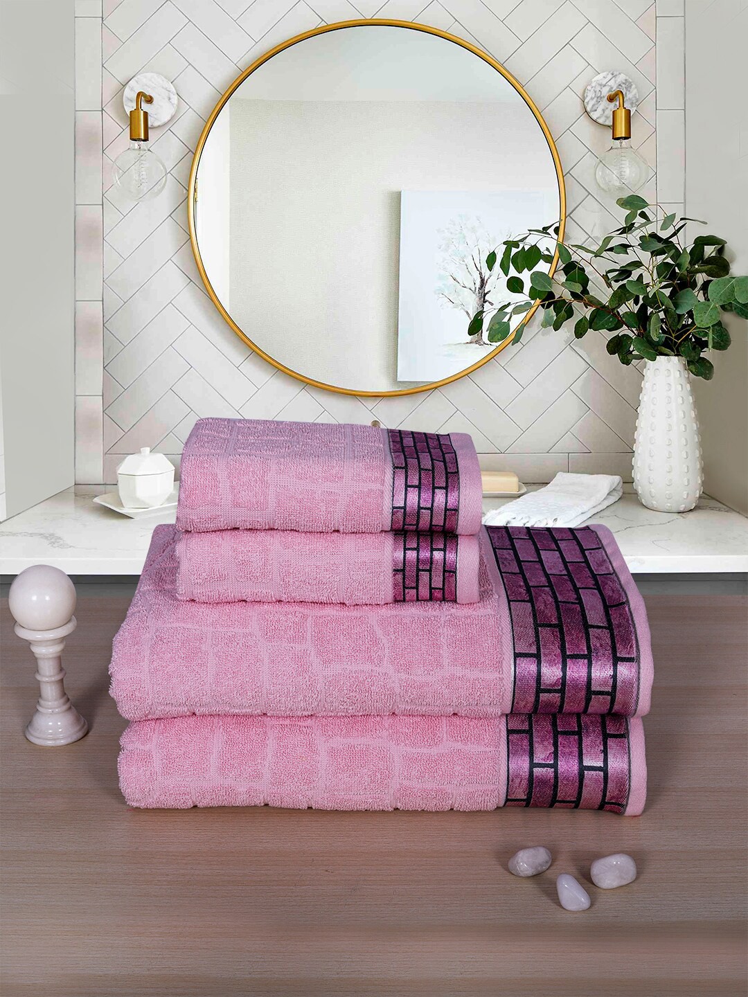 

RANGOLI Pack Of 4 Pink Self Design 600 GSM Cotton Towel Set