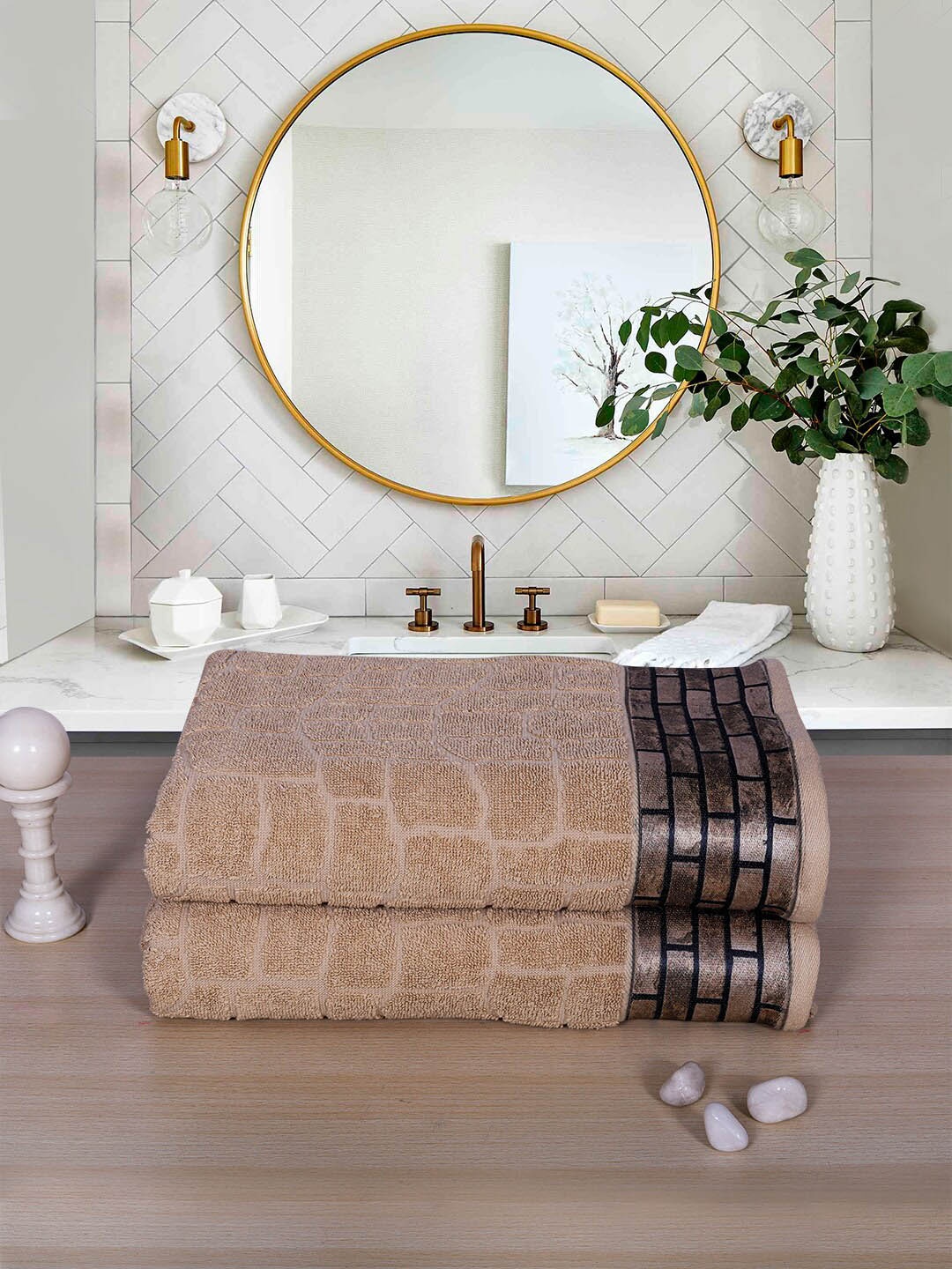 

RANGOLI Set Of 2 Self Design 600 GSM Cotton Bath Towel Set, Beige