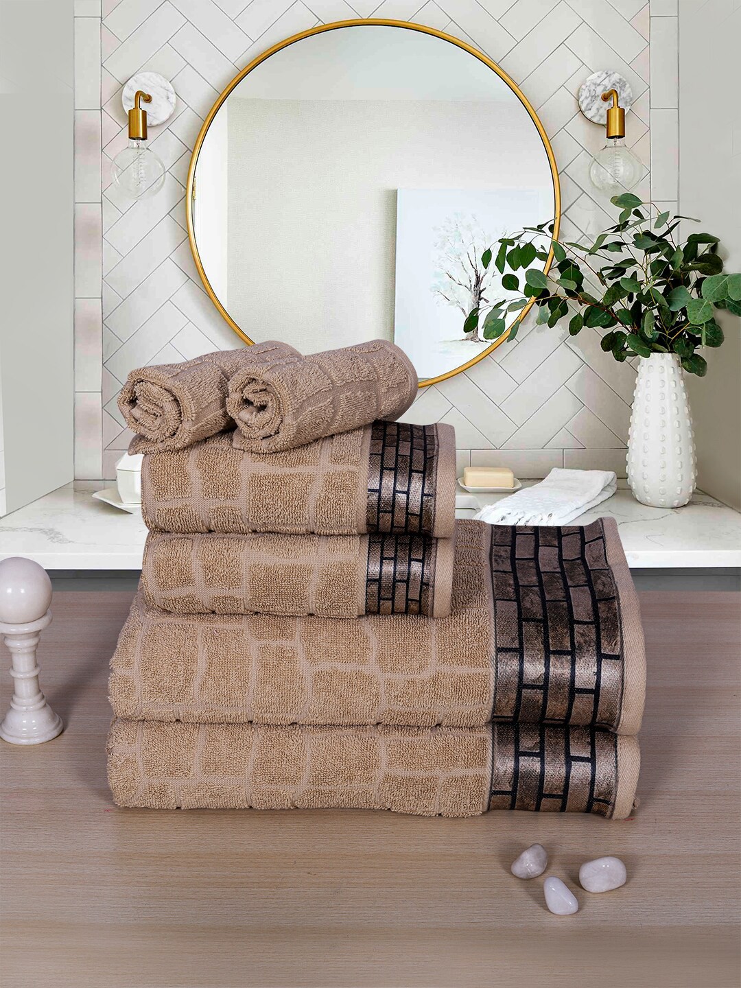 

RANGOLI Unisex Set Of 6 Beige Self Design 600 GSM Cotton Towel Set