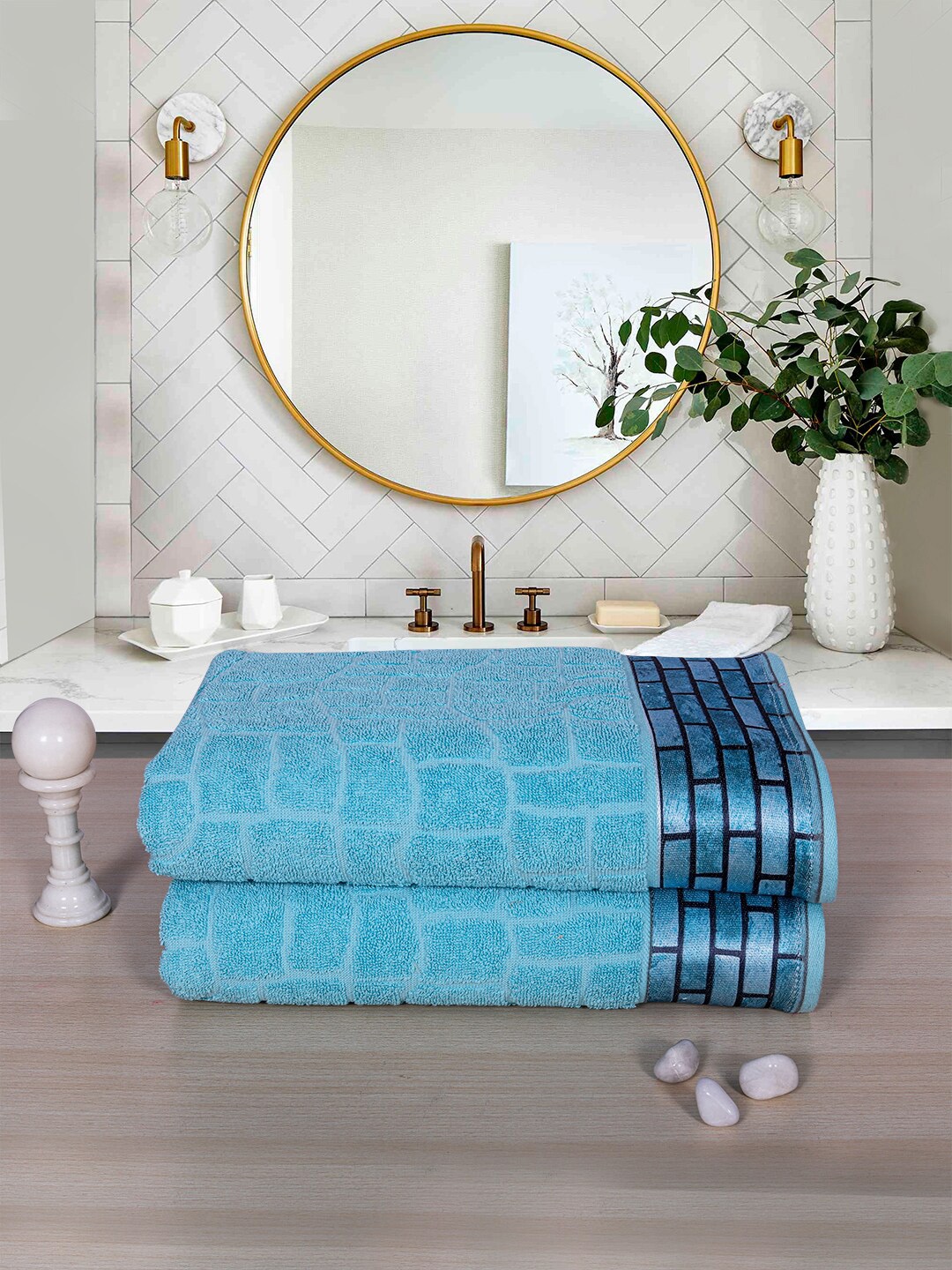 

RANGOLI Set Of 2 Blue Solid 600 GSM Cotton Bath Towel Set