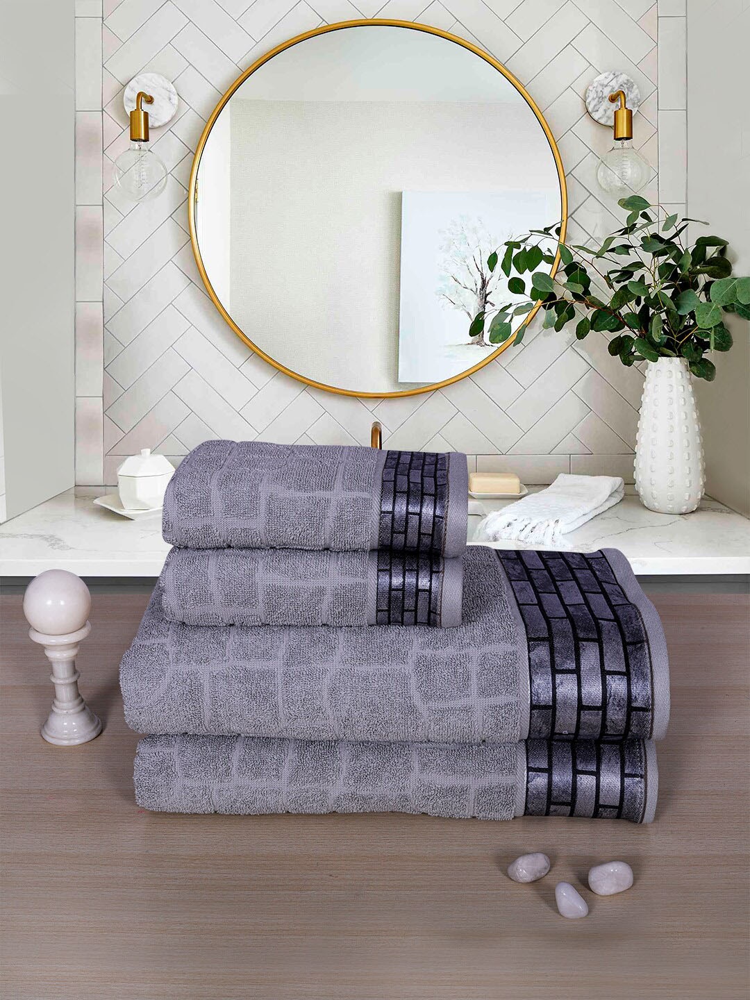 

RANGOLI Unisex Set Of 4 Grey Self Design 600 GSM Cotton Towel Set