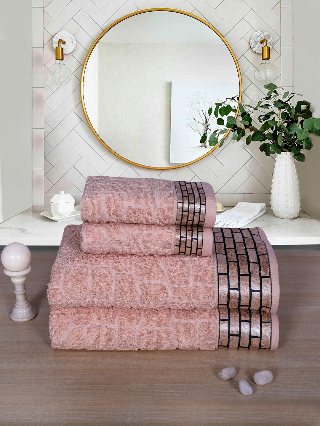 

RANGOLI Set Of 4 Light Beige Colored Solid Cotton 600 GSM Towel Set