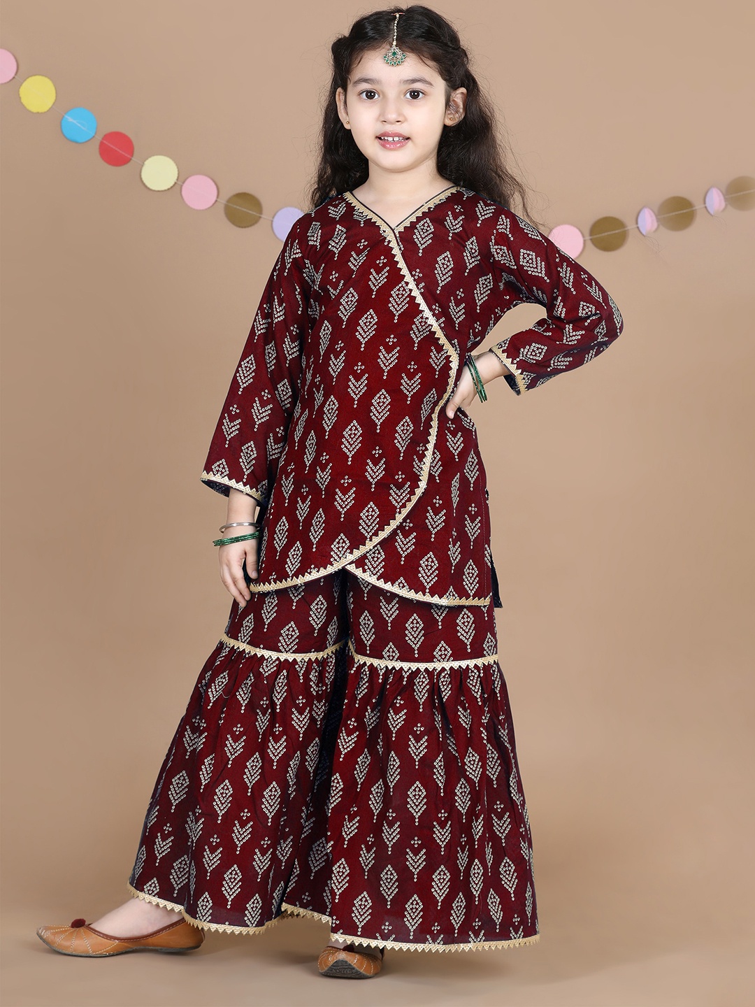 

ADIVA Girls Maroon Ethnic Motifs Printed Angrakha Kurta with Sharara