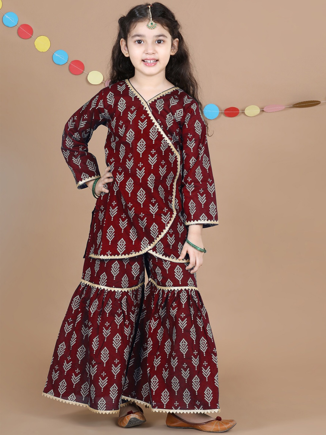 

ADIVA Girls Maroon Ethnic Motifs Printed Angrakha Kurti with Sharara