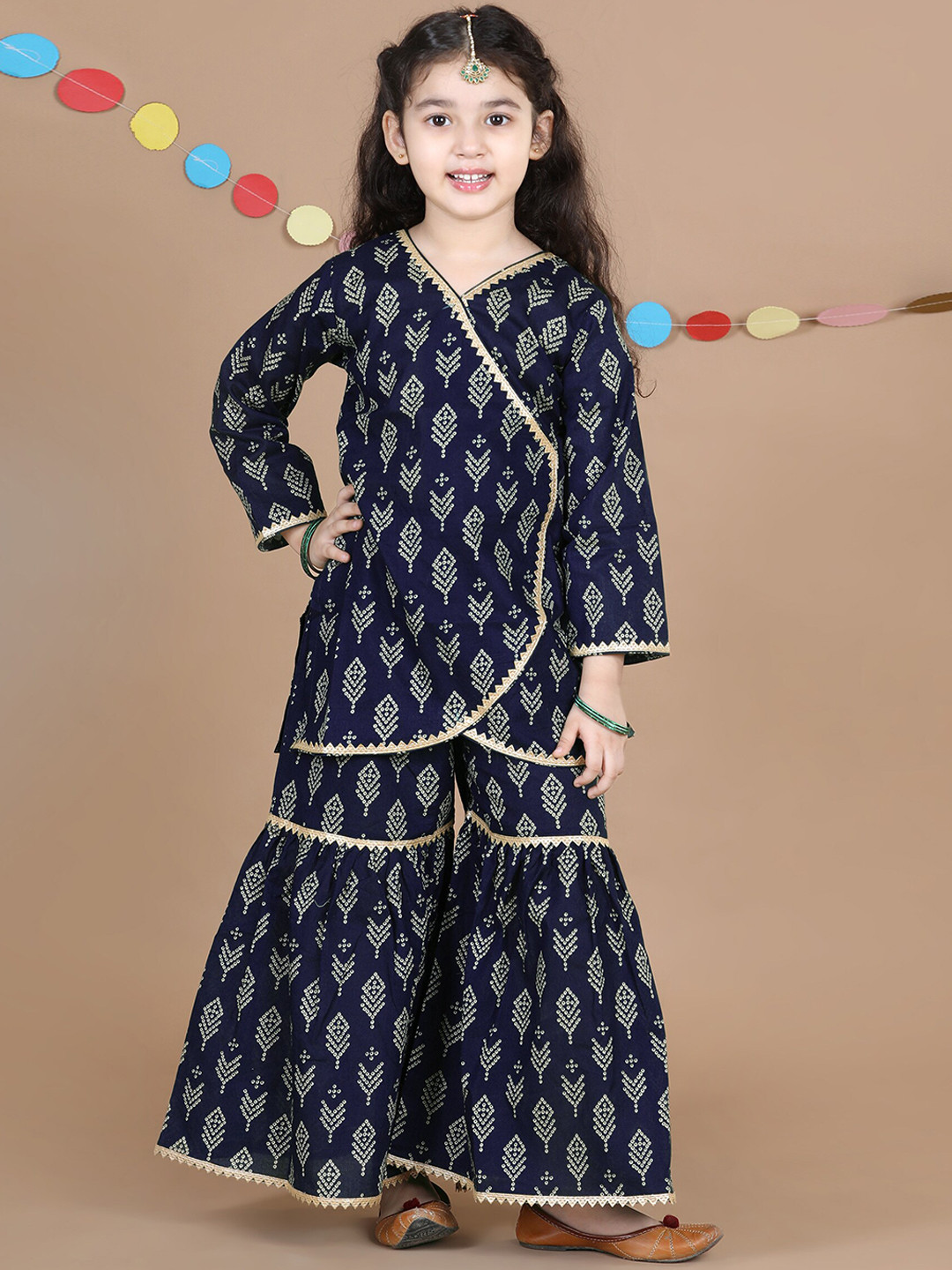

ADIVA Girls Blue Ethnic Motifs Printed Angrakha Gotta Patti Kurti with Sharara