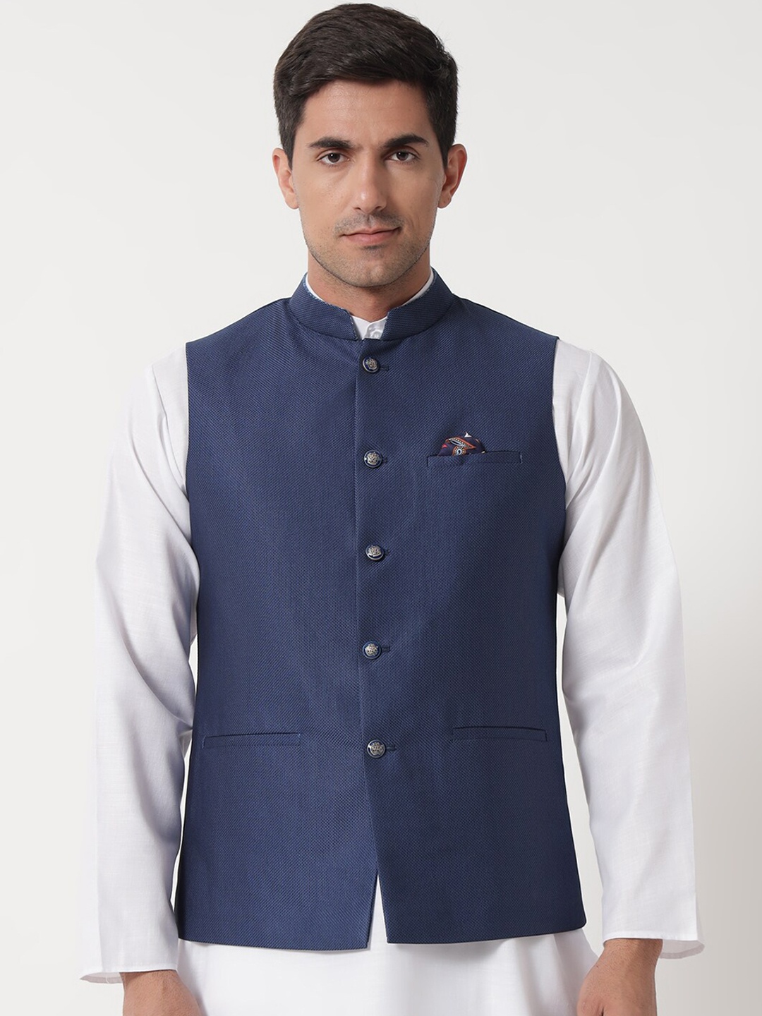 

MAXENCE Men Navy Blue Solid Nehru Jackets