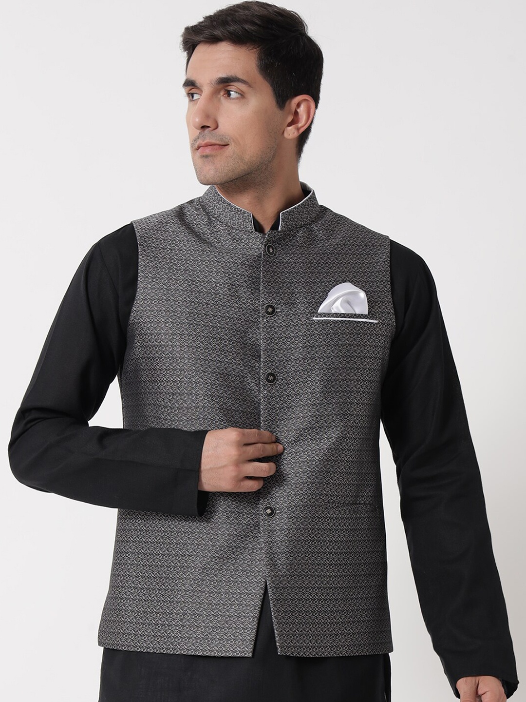 

MAXENCE Men Grey & Black Woven Design Nehru Jackets