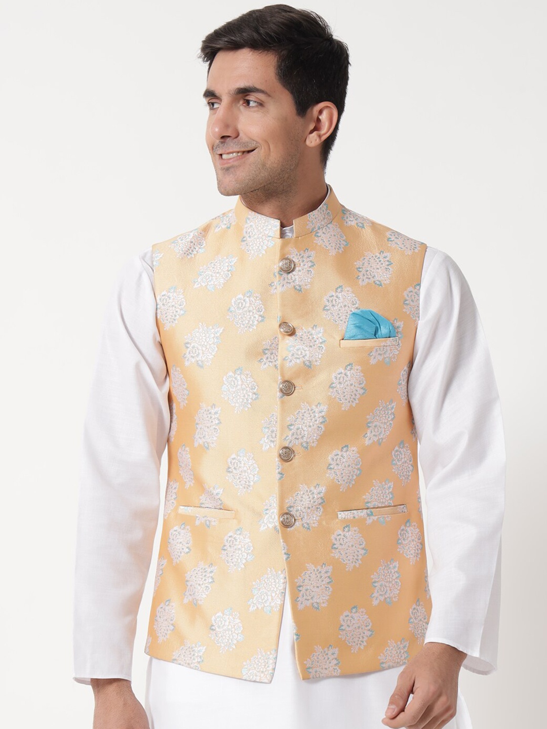 

MAXENCE Men Yellow Woven Design Nehru Jacket
