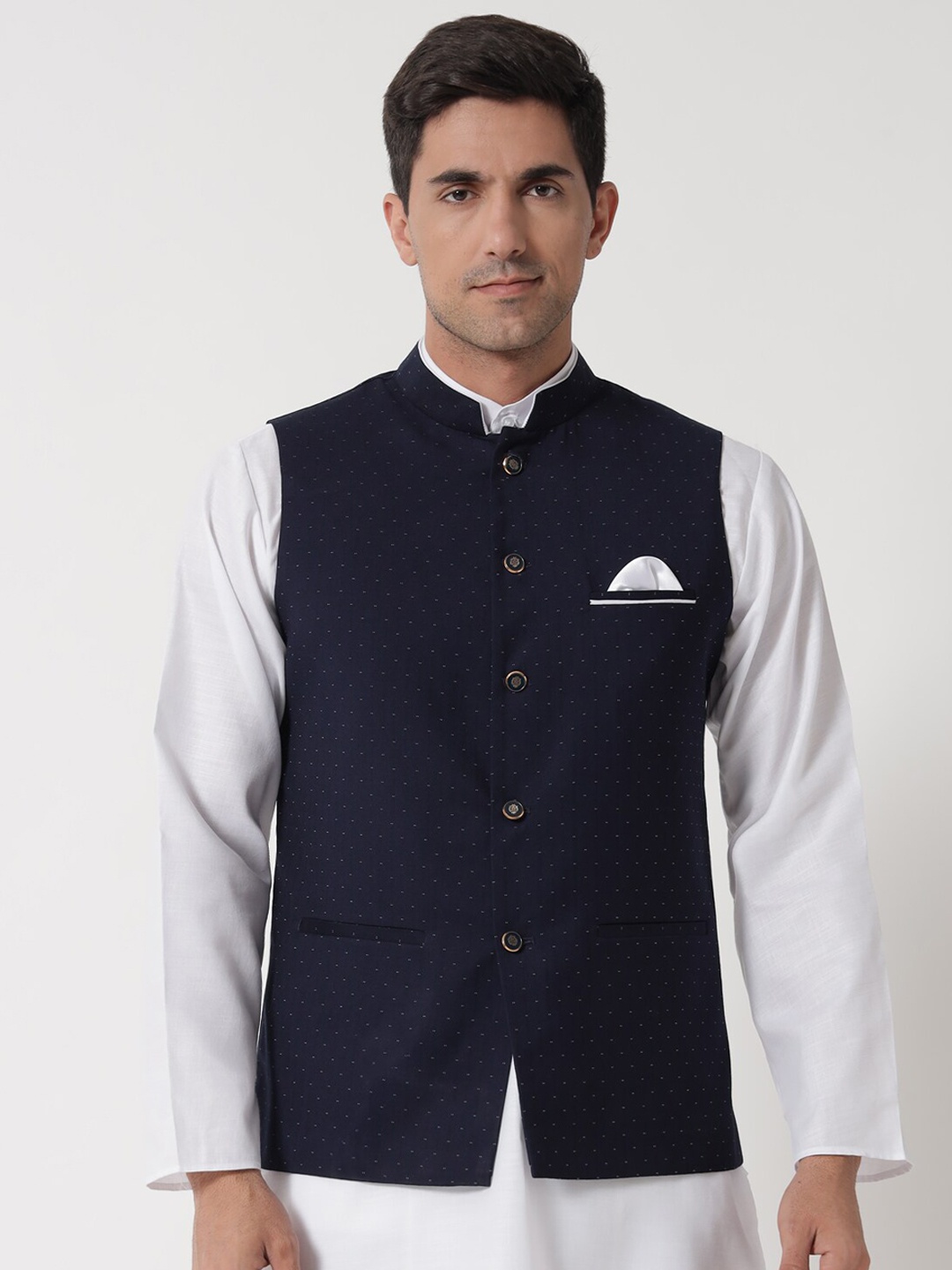 

MAXENCE Men Navy Blue Printed Pure Cotton Nehru Jackets