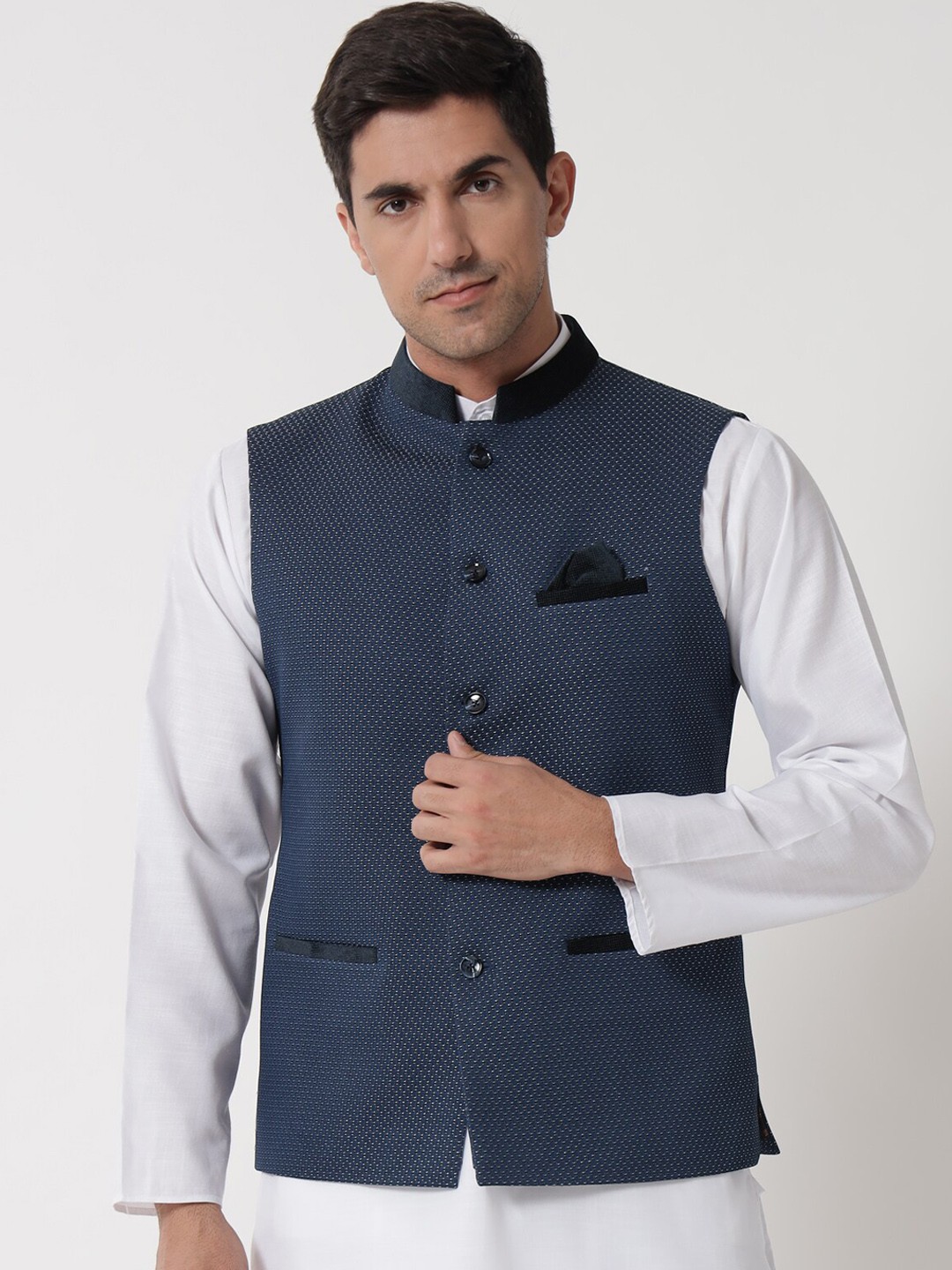 

MAXENCE Men Navy Blue Woven Design Nehru Jackets