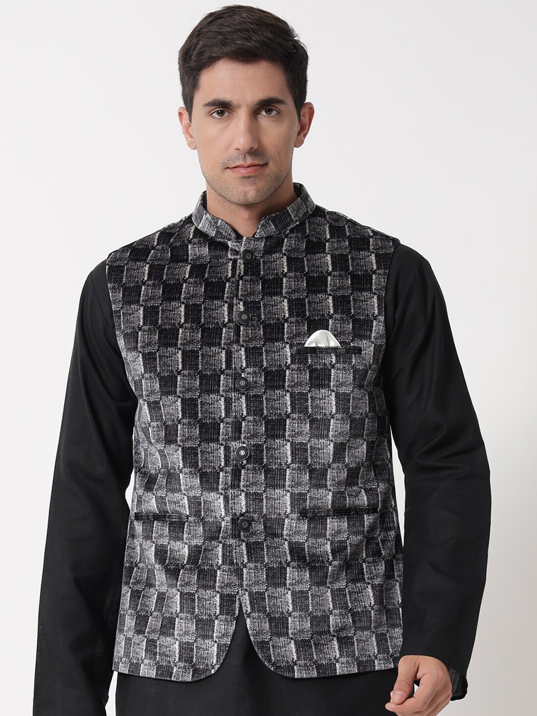 

MAXENCE Men Grey Textured Woven Nehru Jacket