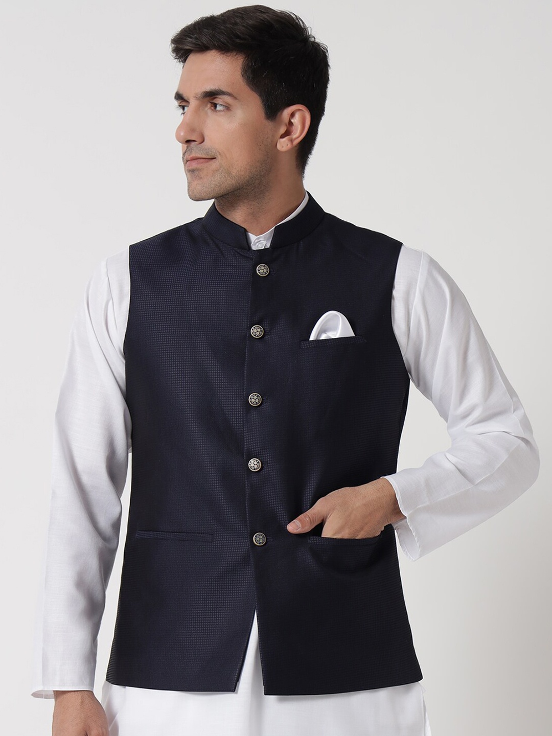 

MAXENCE Men Black Woven Design Nehru Jackets