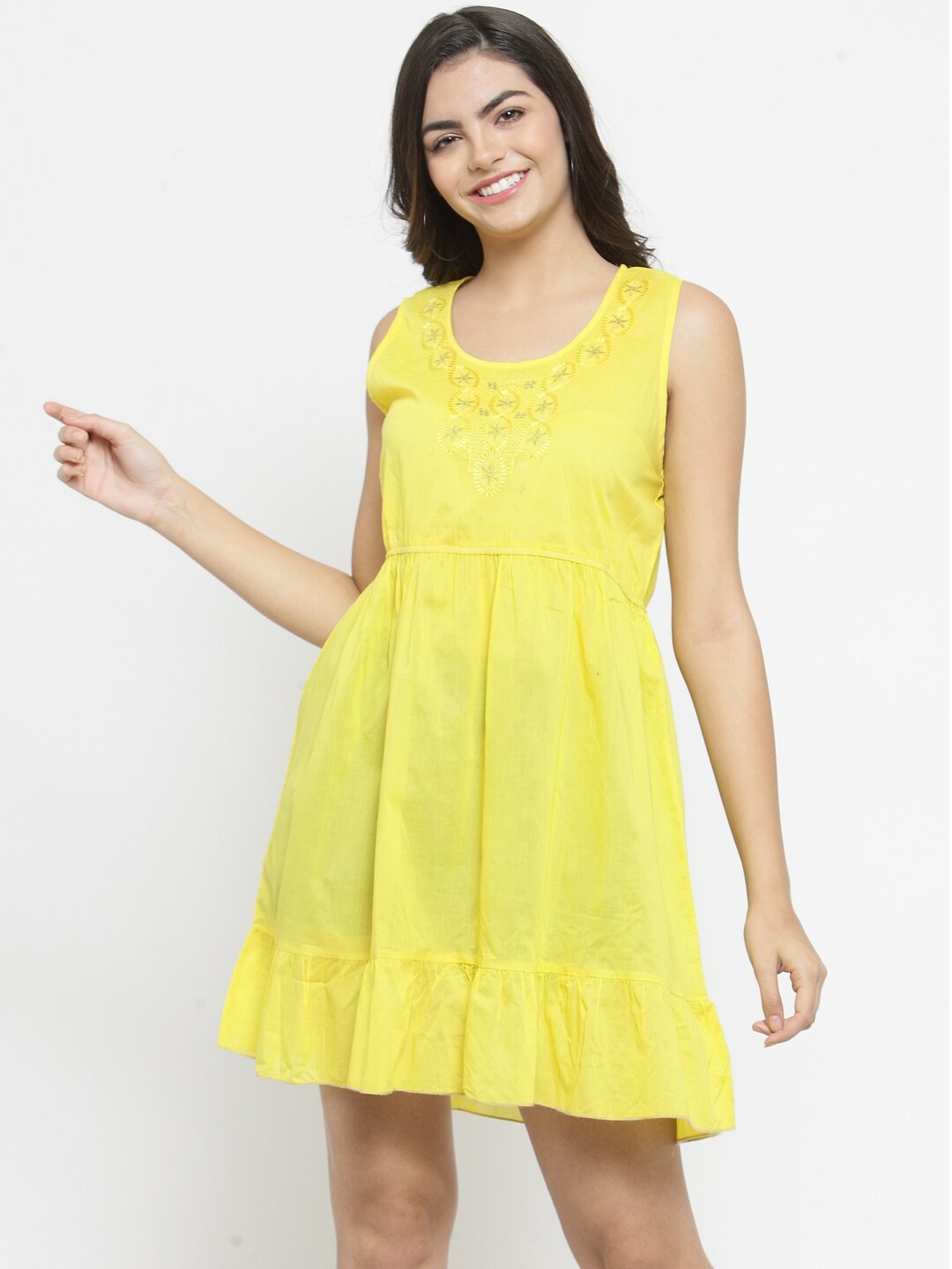 

Purple State Women Yellow Embroidered A-Line Dress