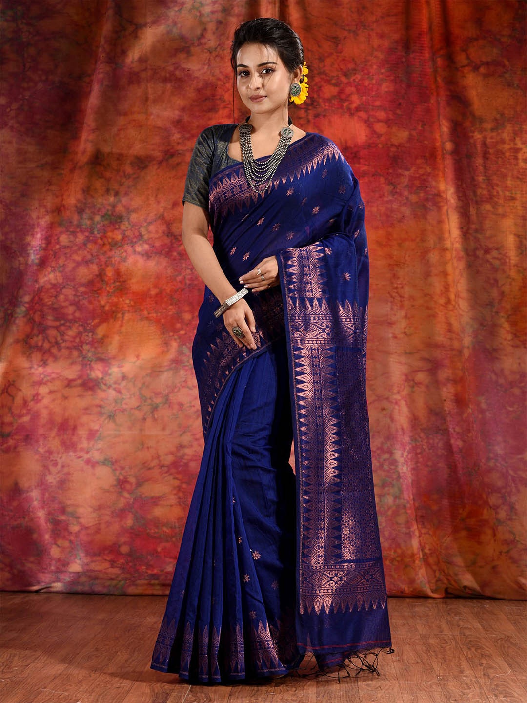 

Charukriti Blue & Gold-Toned Woven Design Zari Silk Cotton Saree