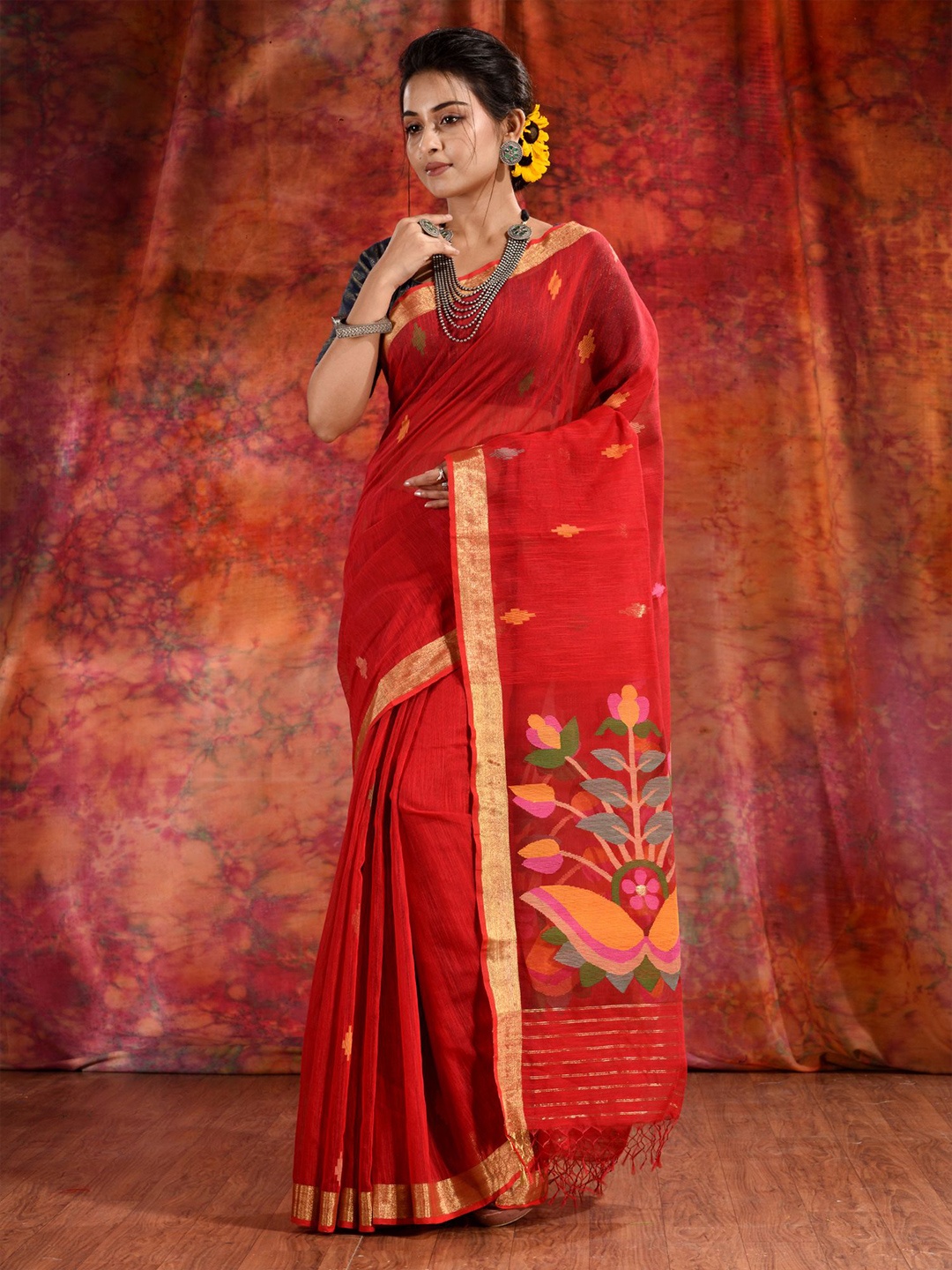 

Charukriti Red Woven Design Zari Pure Silk Saree