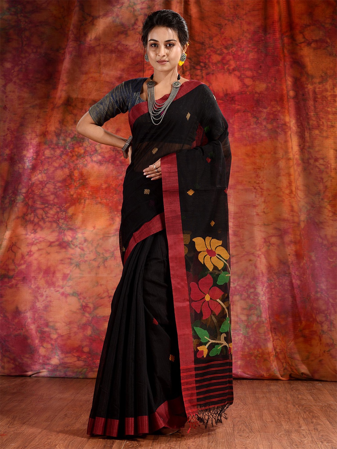 

Charukriti Black & Red Woven Design Pure Silk Saree