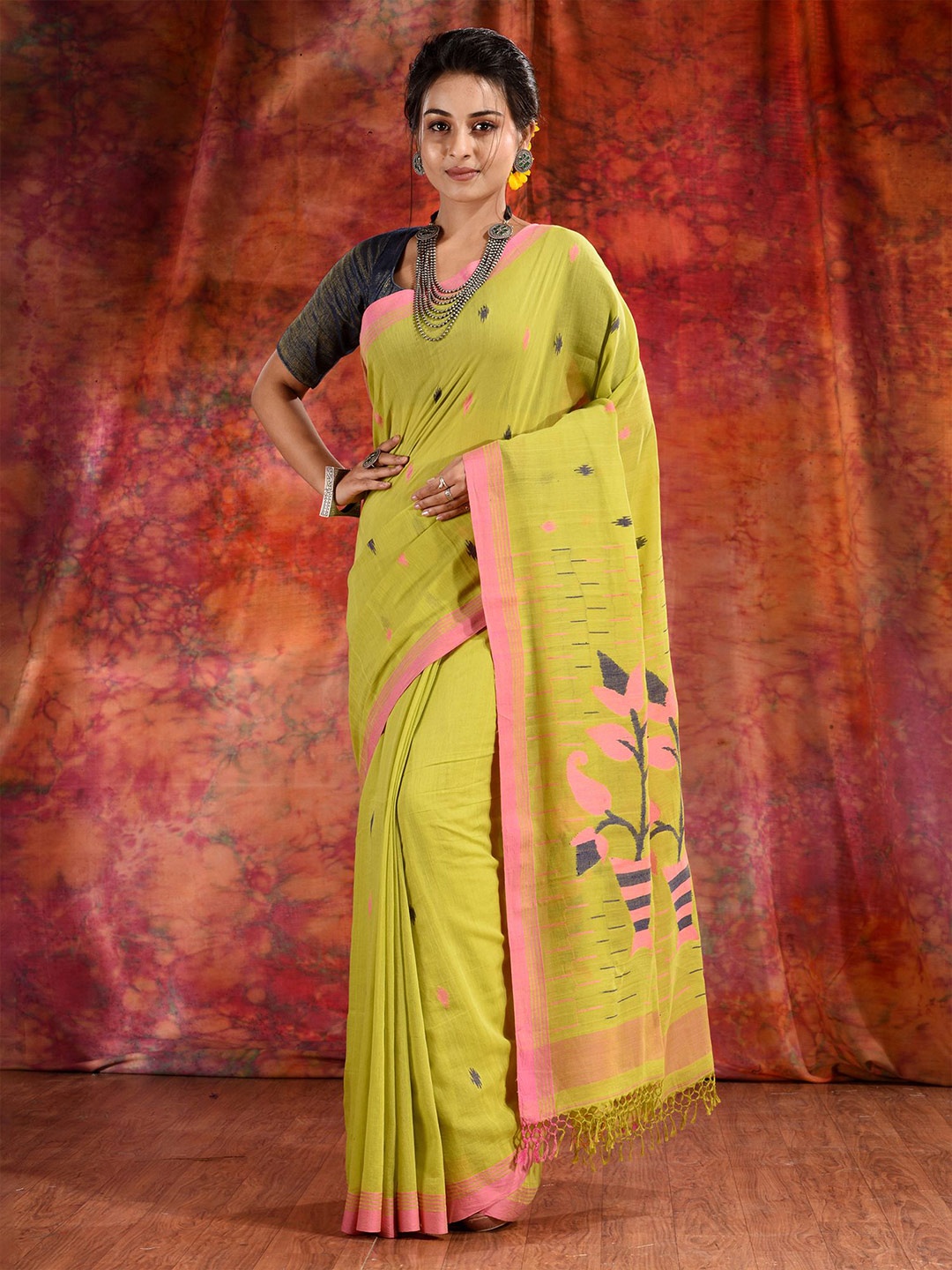 

Charukriti Lime Green & Pink Woven Design Pure Cotton Saree