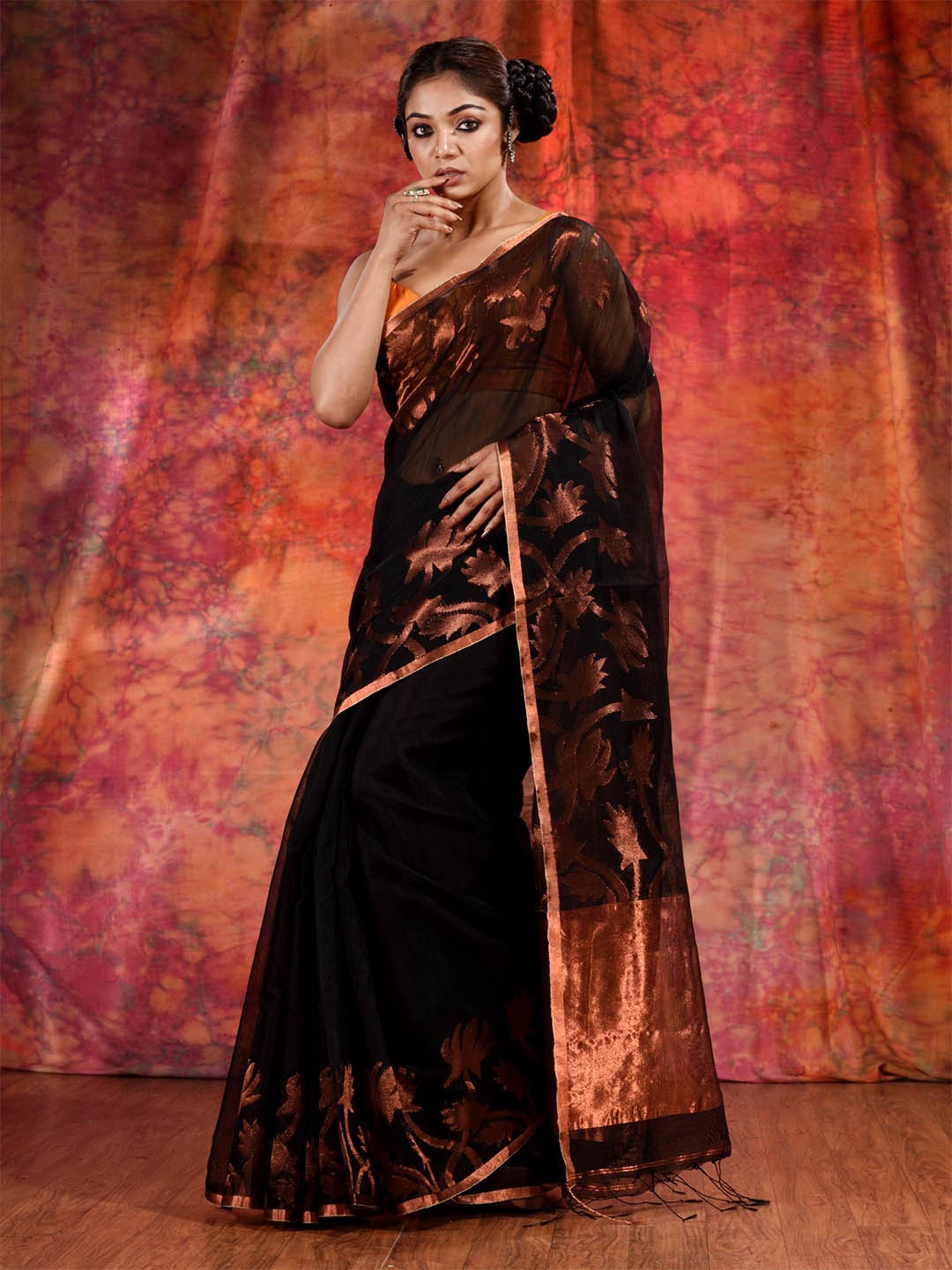 

Charukriti Women Black & Copper-Toned Woven Design Zari Pure Cotton Saree