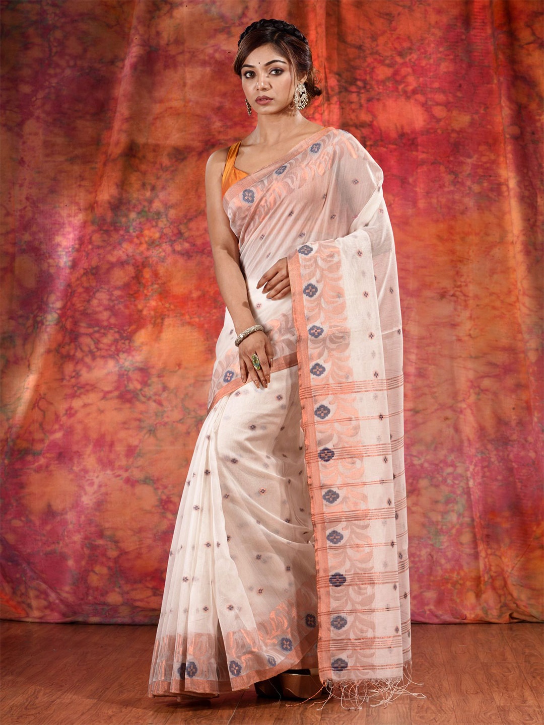 

Charukriti White & Gold-Toned Woven Design Saree