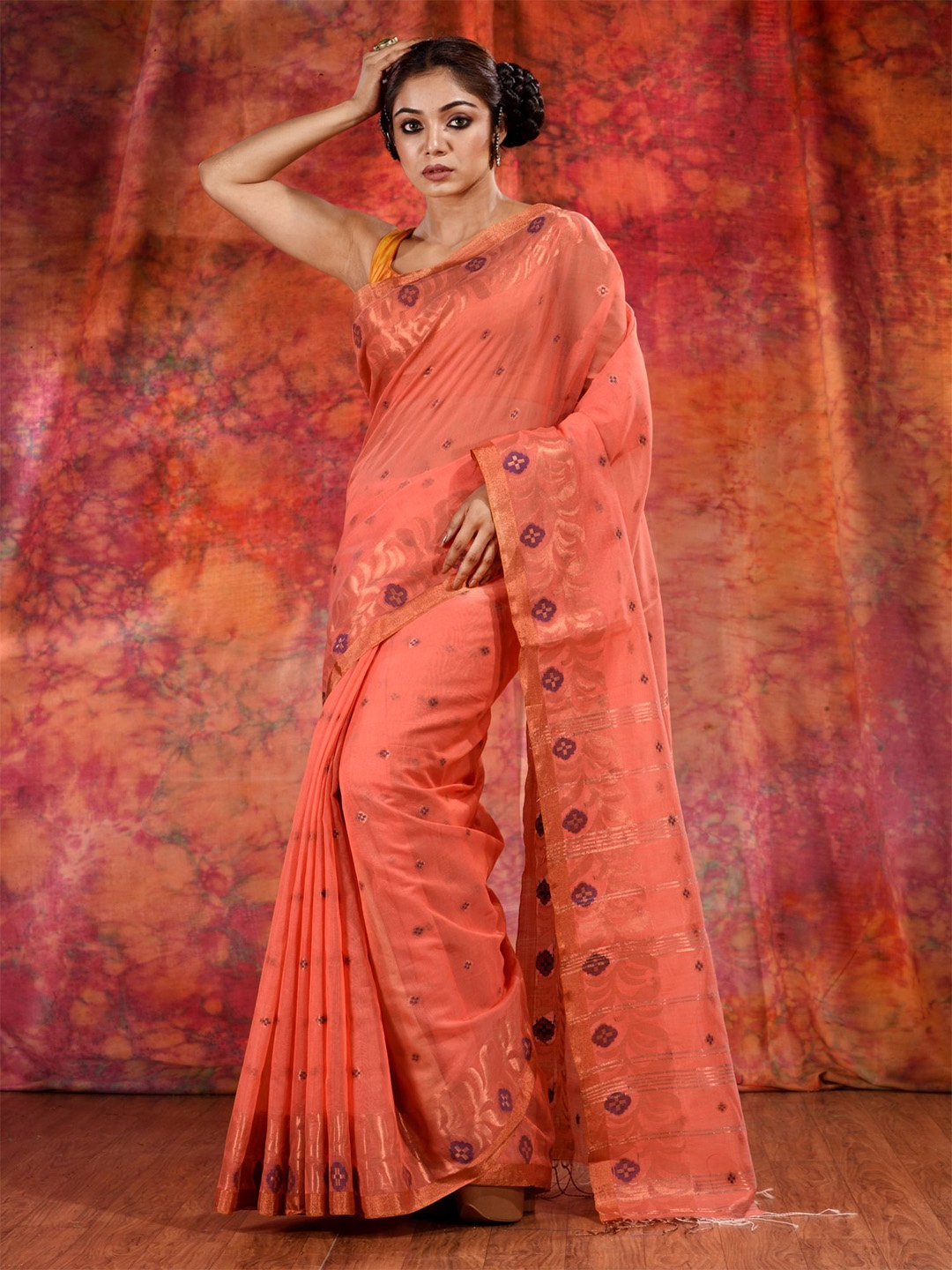 

Charukriti Orange & Purple Woven Design Saree