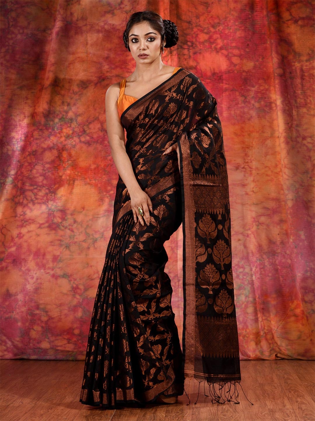 

Charukriti Black & Copper-Toned Woven Design Zari Saree