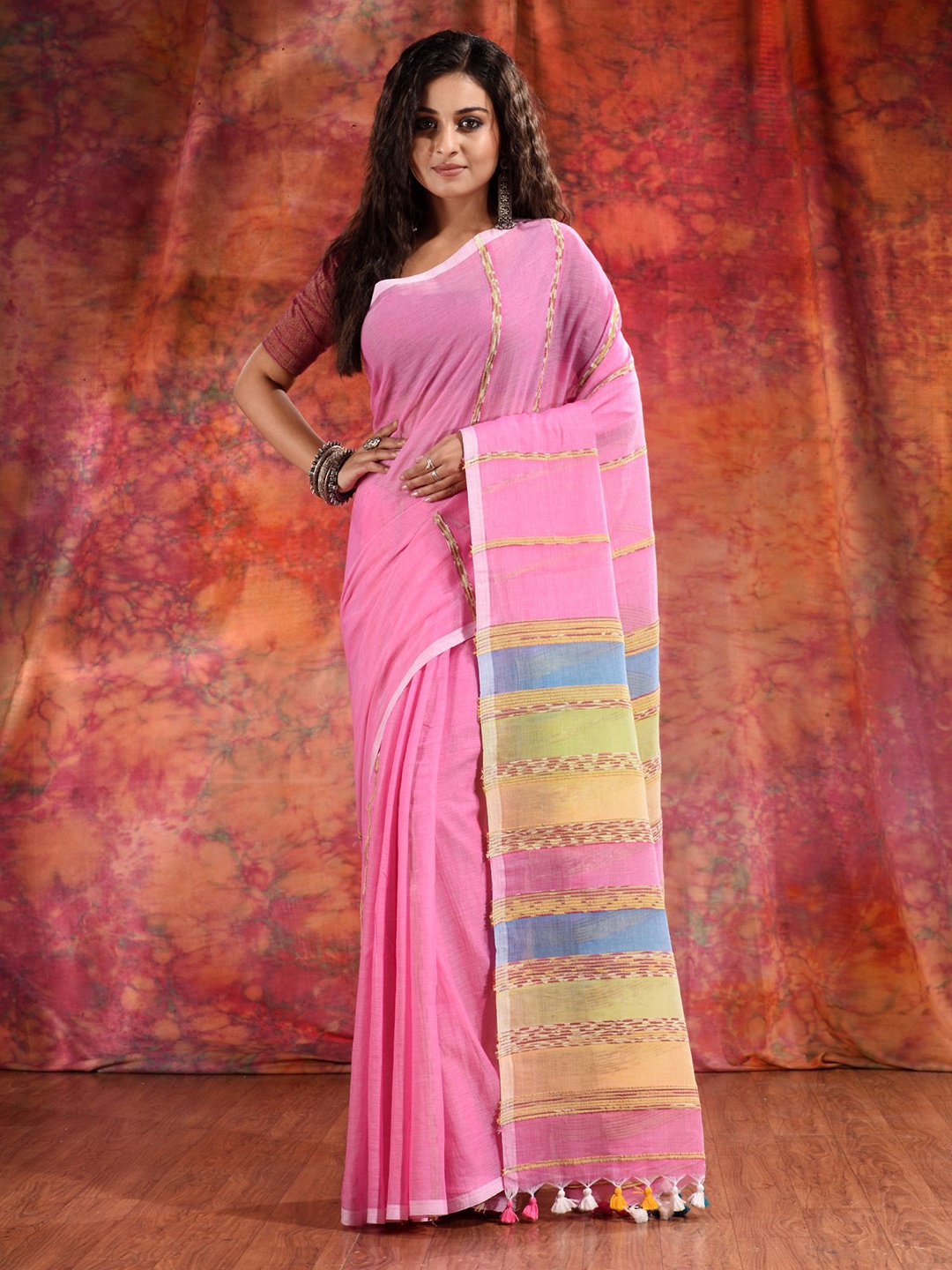 

Charukriti Pink & Blue Striped Pure Cotton Saree