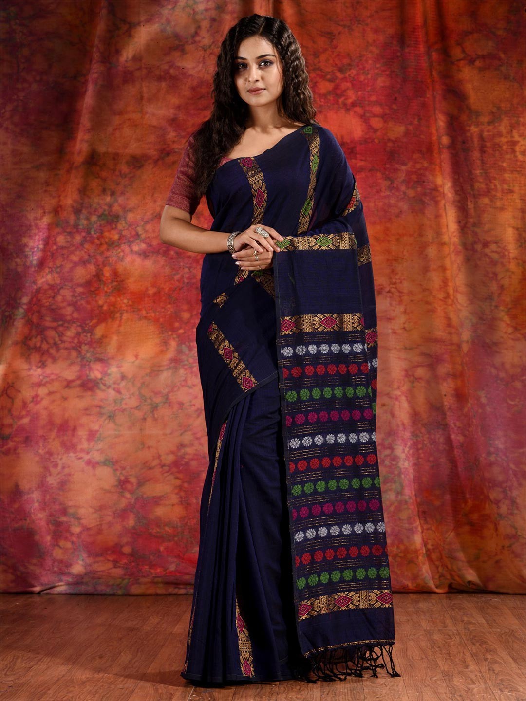 

Charukriti Blue & Green Floral Pure Cotton Saree