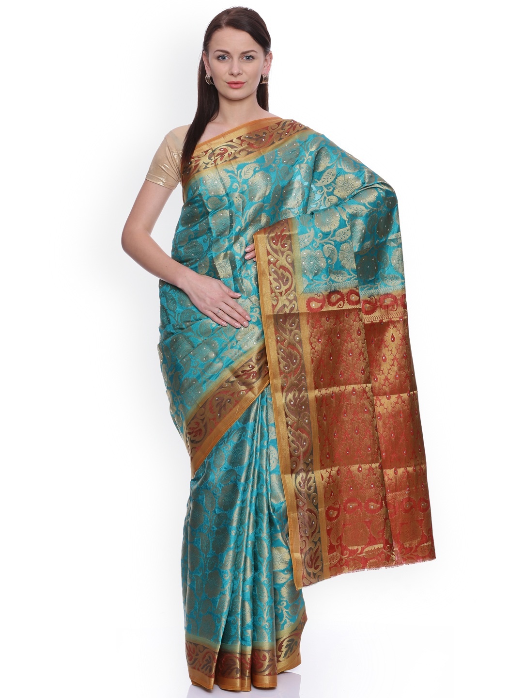 

MIMOSA Turquoise Blue Art Silk Woven Design Kanjeevaram Saree