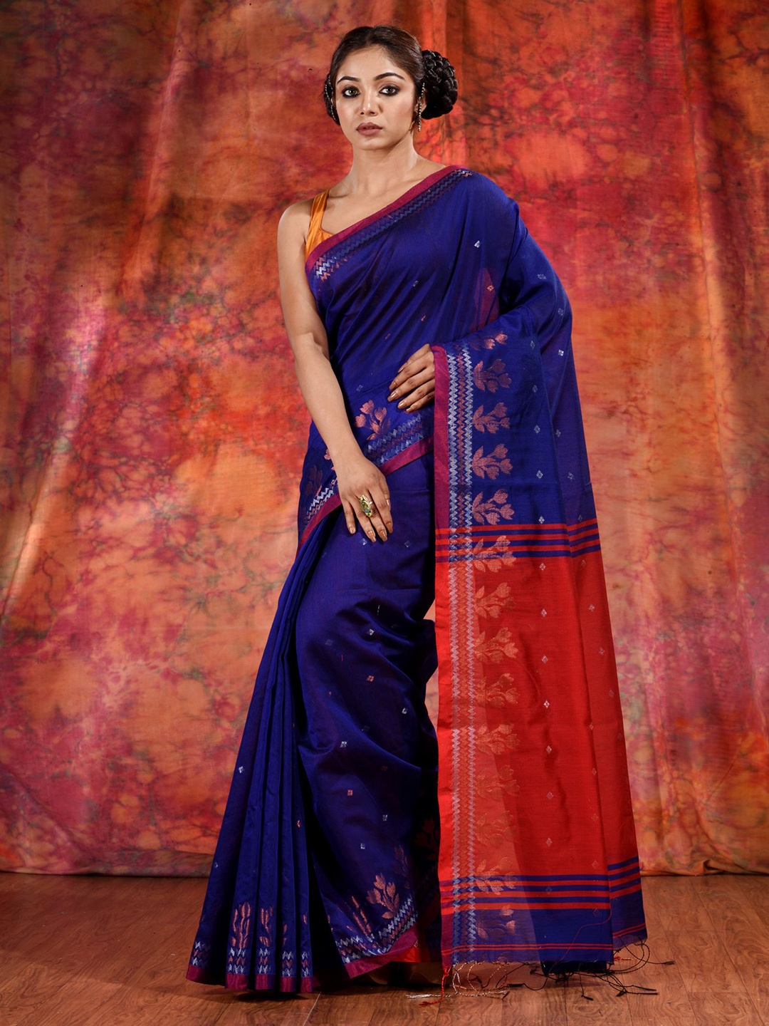 

Charukriti Blue & Red Woven Design Zari Pure Cotton Saree
