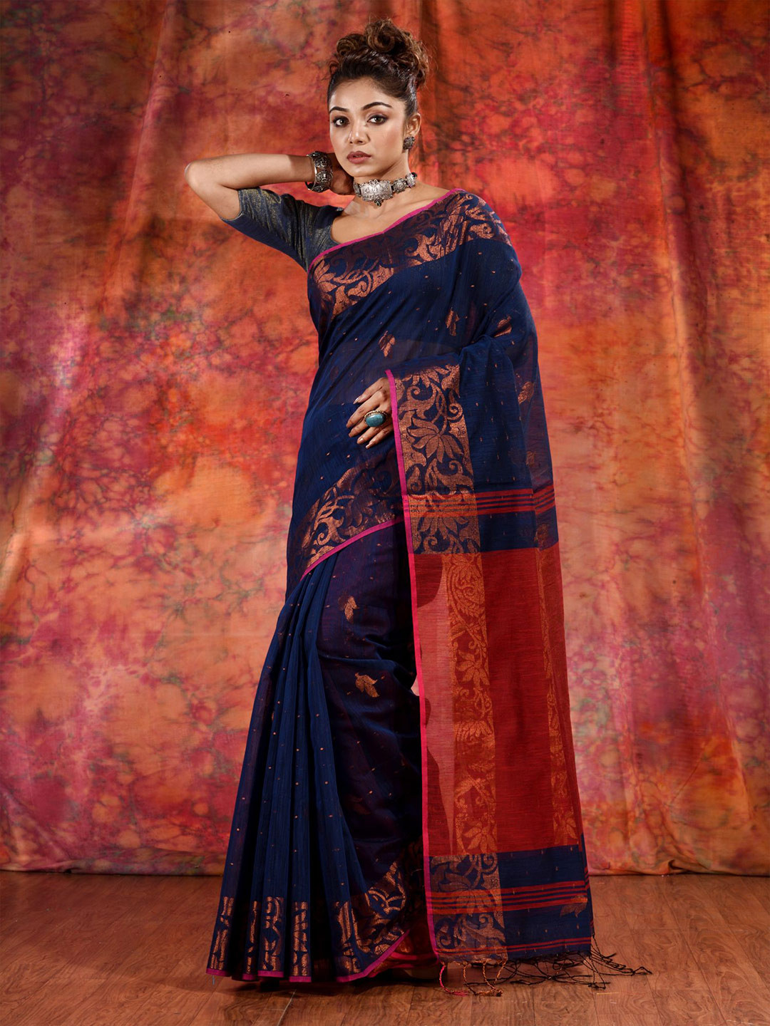 

Charukriti Women Blue Woven Design Zari Pure Cotton Saree
