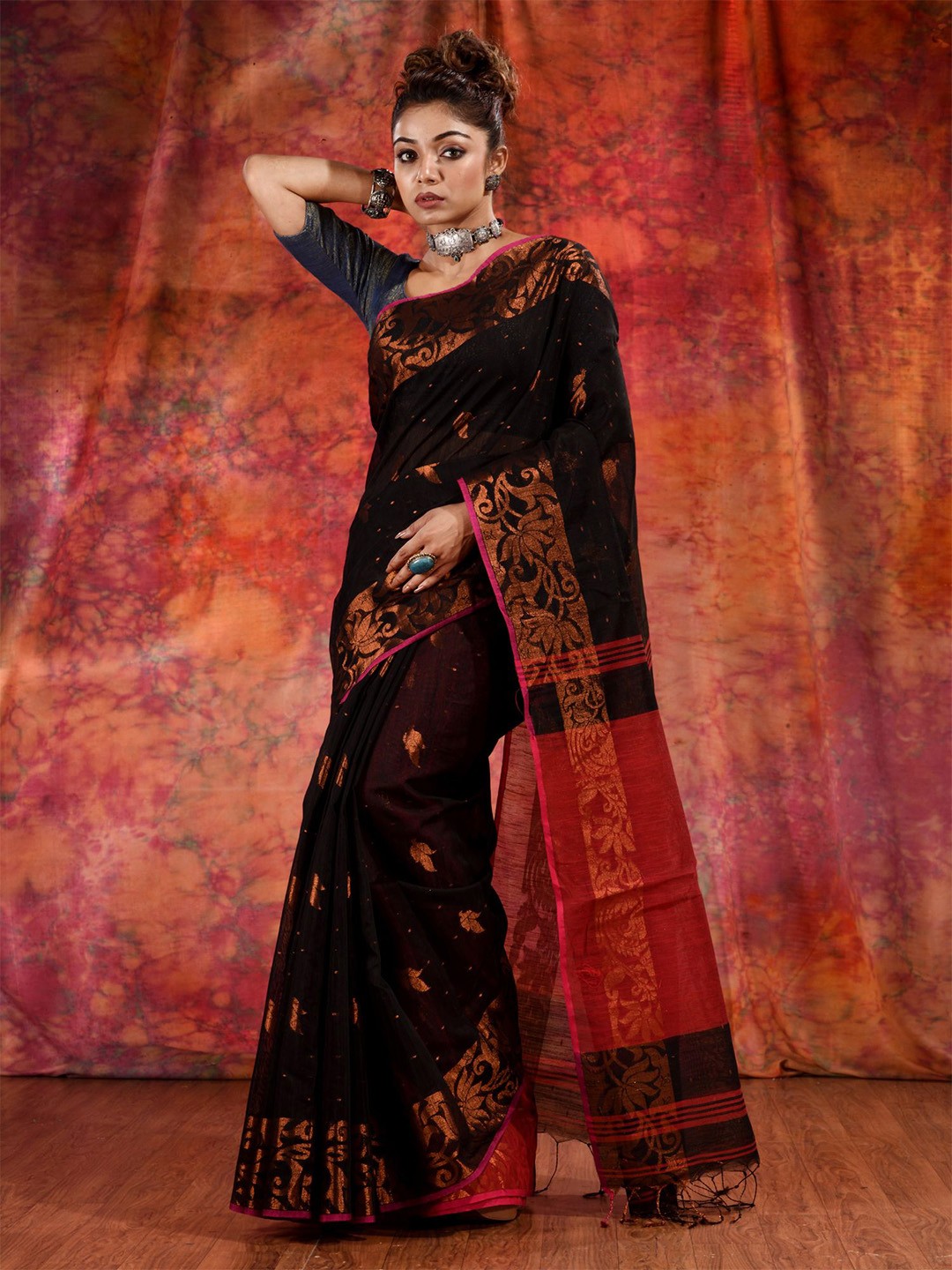 

Charukriti Black & Red Woven Design Zari Pure Cotton Saree