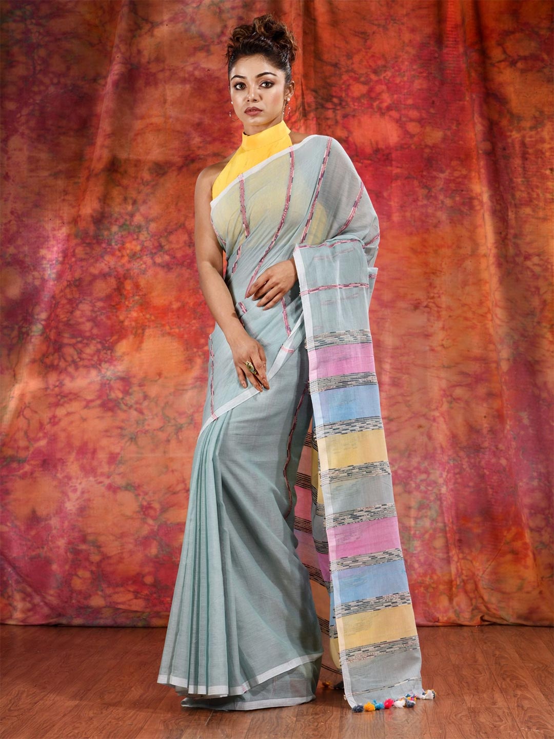 

Charukriti Green & Blue Woven Design Pure Cotton Saree