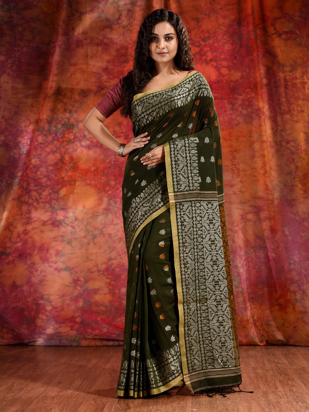 

Charukriti Green & Silver-Toned Woven Design Zari Pure Cotton Saree