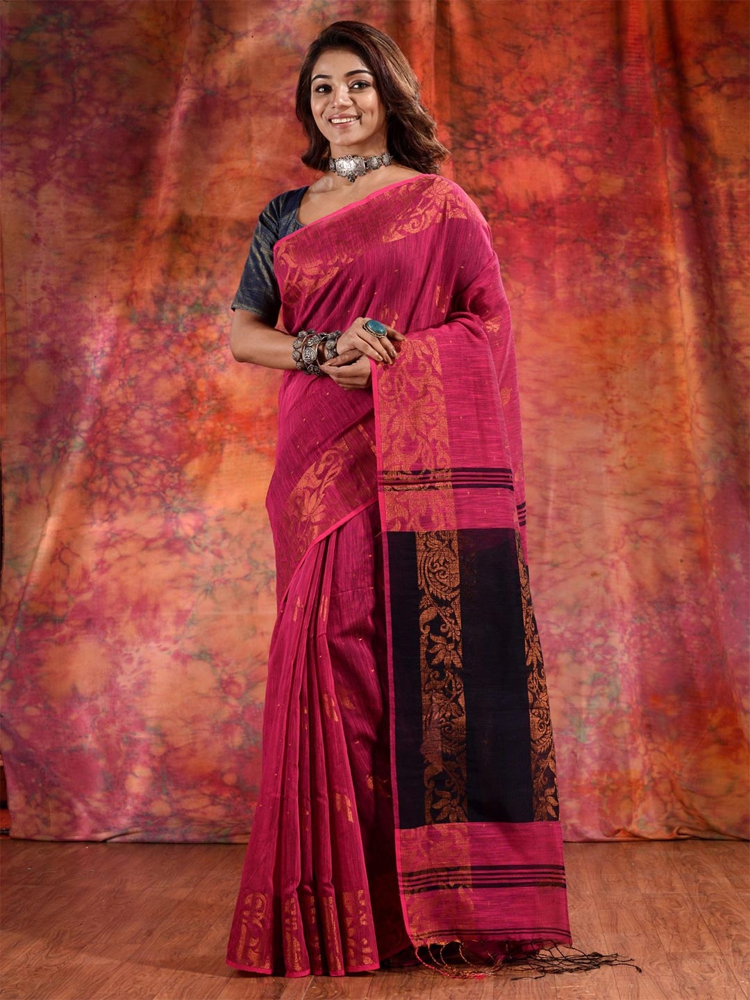 

Charukriti Pink & Black Woven Design Zari Pure Cotton Saree